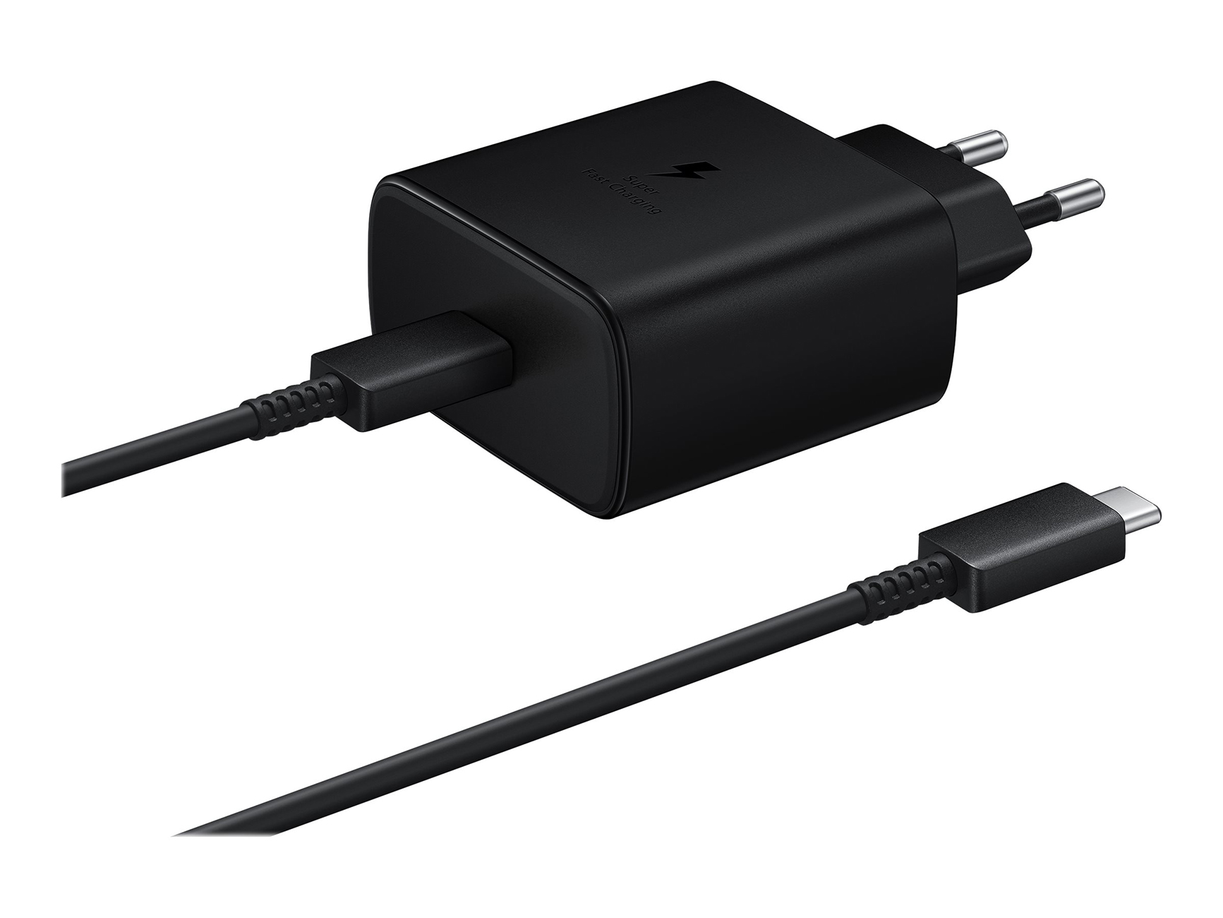 Chargeur Samsung noir avec un câble USB-C, sur fond blanc.