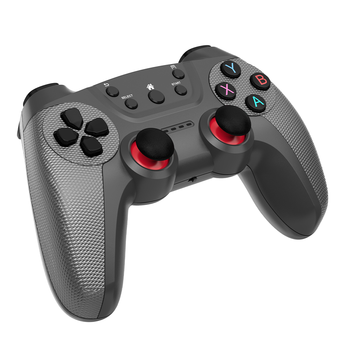 Ein dunkelgraues Gamepad mit Knöpfen und zwei rot umrandeten Joysticks auf weißem Grund.