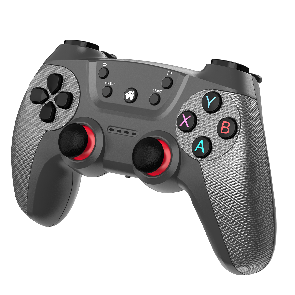 Grau-schwarzer Gamecontroller mit farbigen Tasten und roten Joystick-Umrandungen.