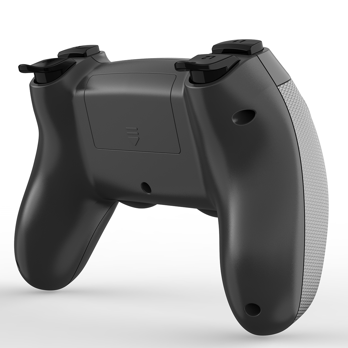 Rückansicht eines schwarzen Gamecontrollers mit Knöpfen und strukturiertem Griff, vor weißem Hintergrund.