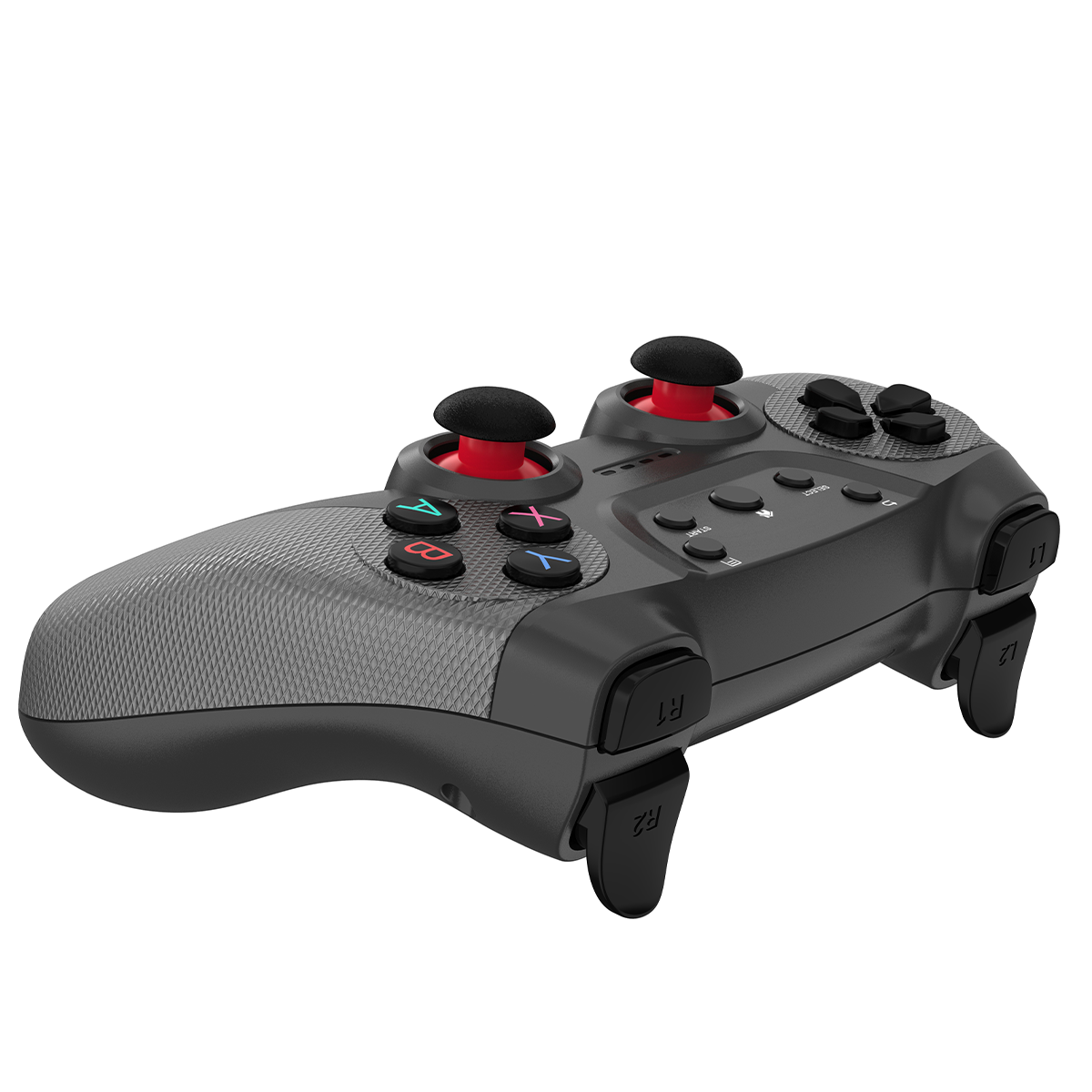 Ein schwarz-graues Gamepad mit roten und blauen Knöpfen und schwarzen Steuerknüppeln.