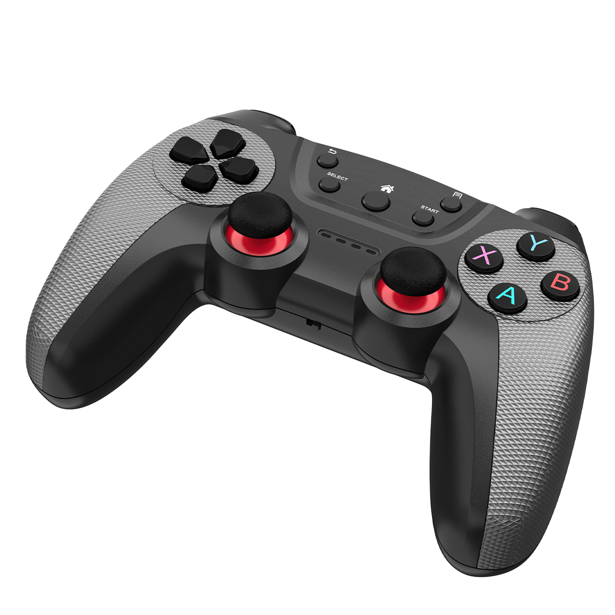 Schwarzes und graues Gamepad mit Knöpfen und Joysticks.