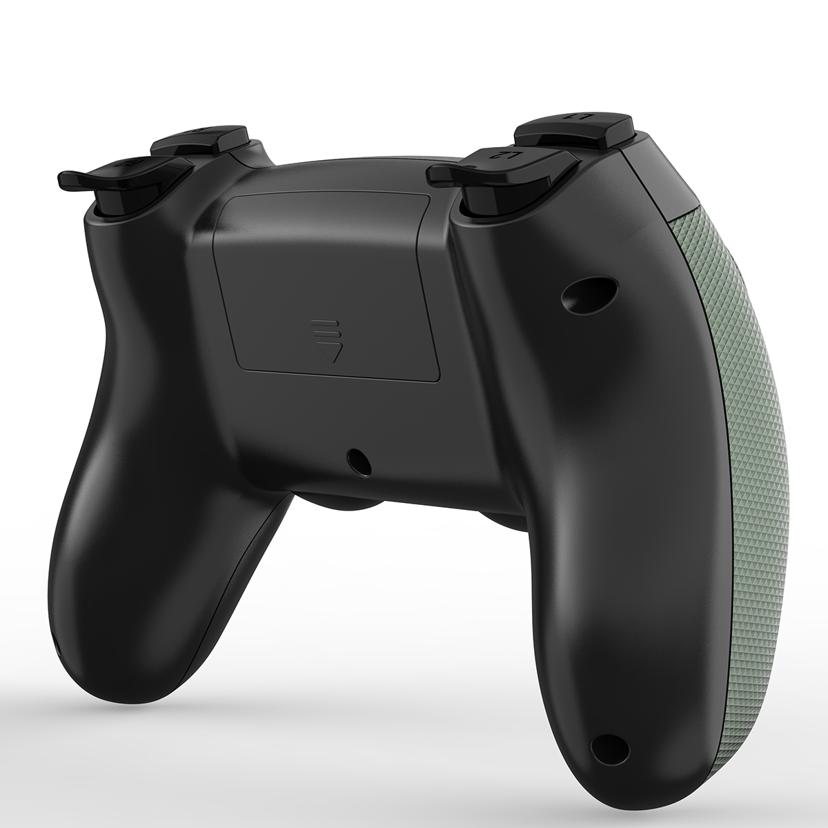 Schwarzer Gamecontroller von hinten gesehen mit zwei Joysticks und vier Tasten. Strukturierter grüner Griff an der Seite.