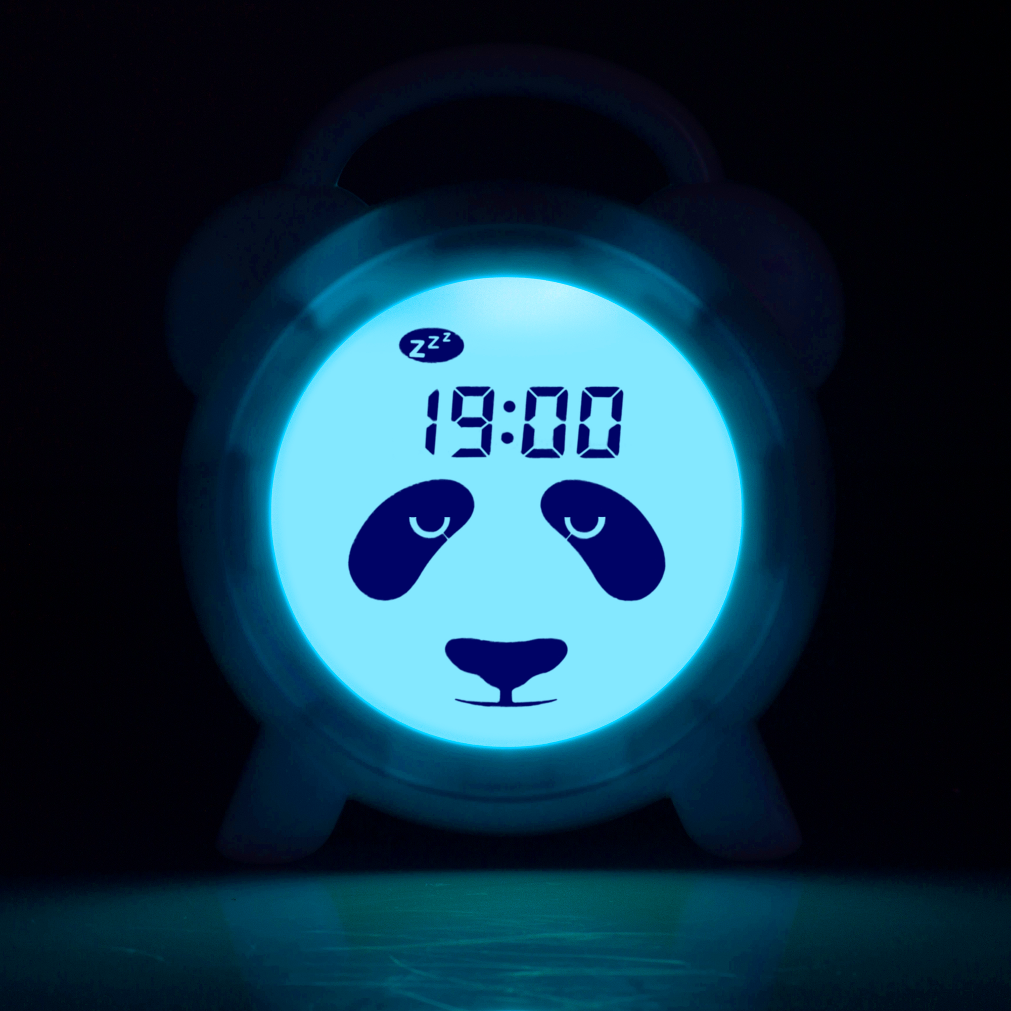 Ein Panda-Wecker mit der Anzeige 19:00, der im Dunkeln blau leuchtet.