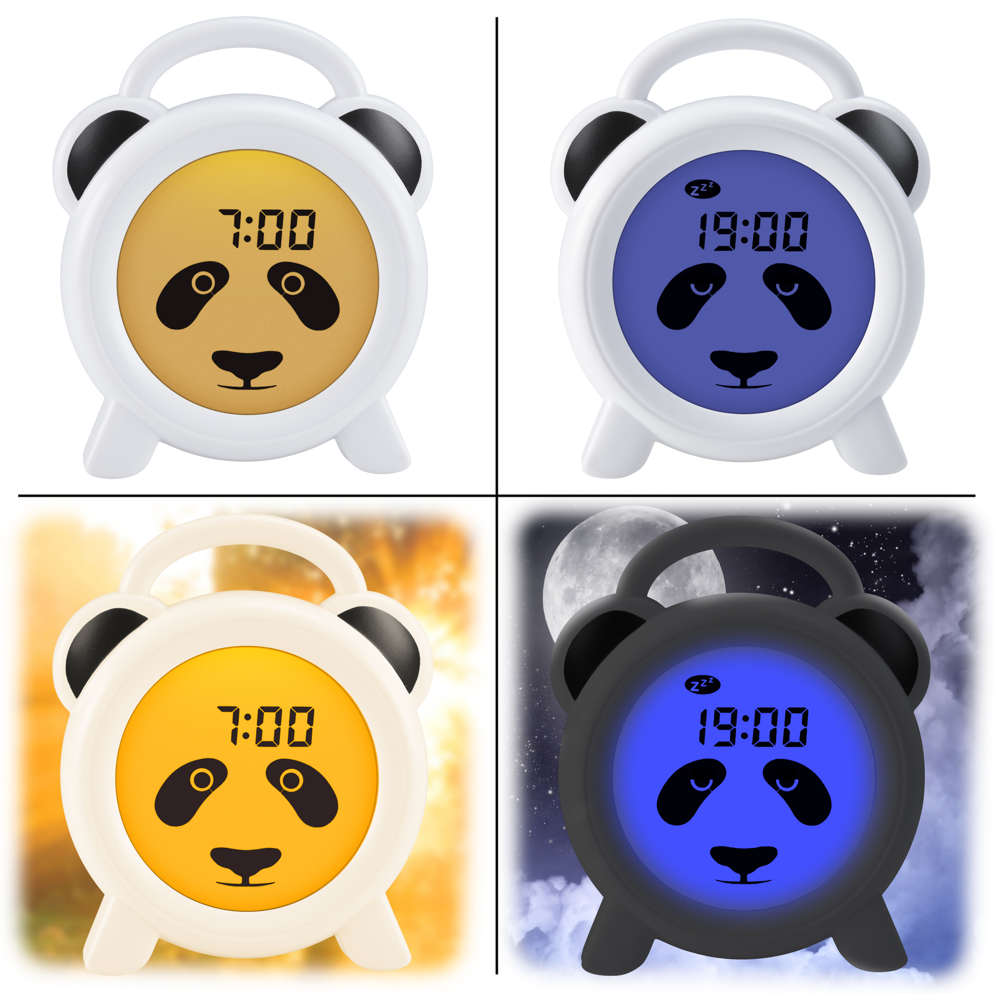Vier Pandabär-Wecker mit 7:00 und 19:00 Uhr in verschiedenen Lichteinstellungen.