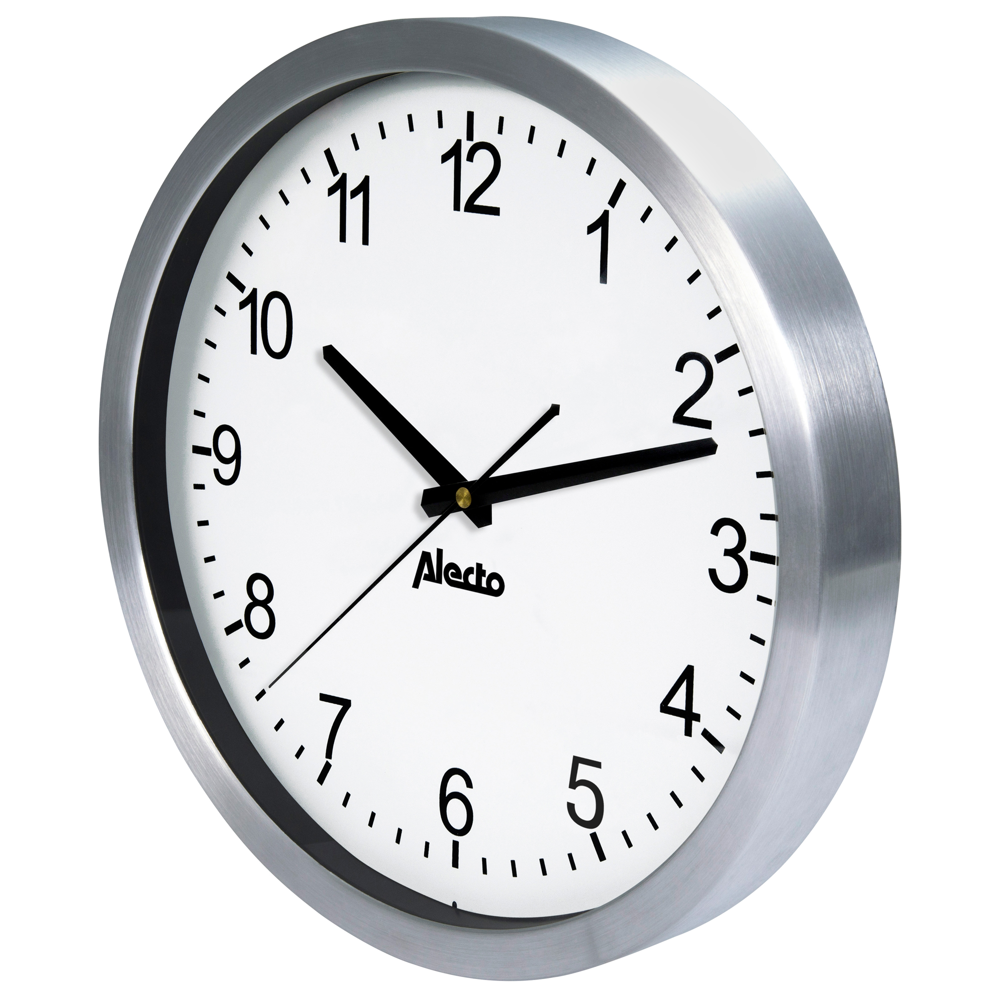 Silberne Wanduhr. Weißes Zifferblatt mit schwarzen Zahlen und Zeigern. 'Alerto' Marke unten.