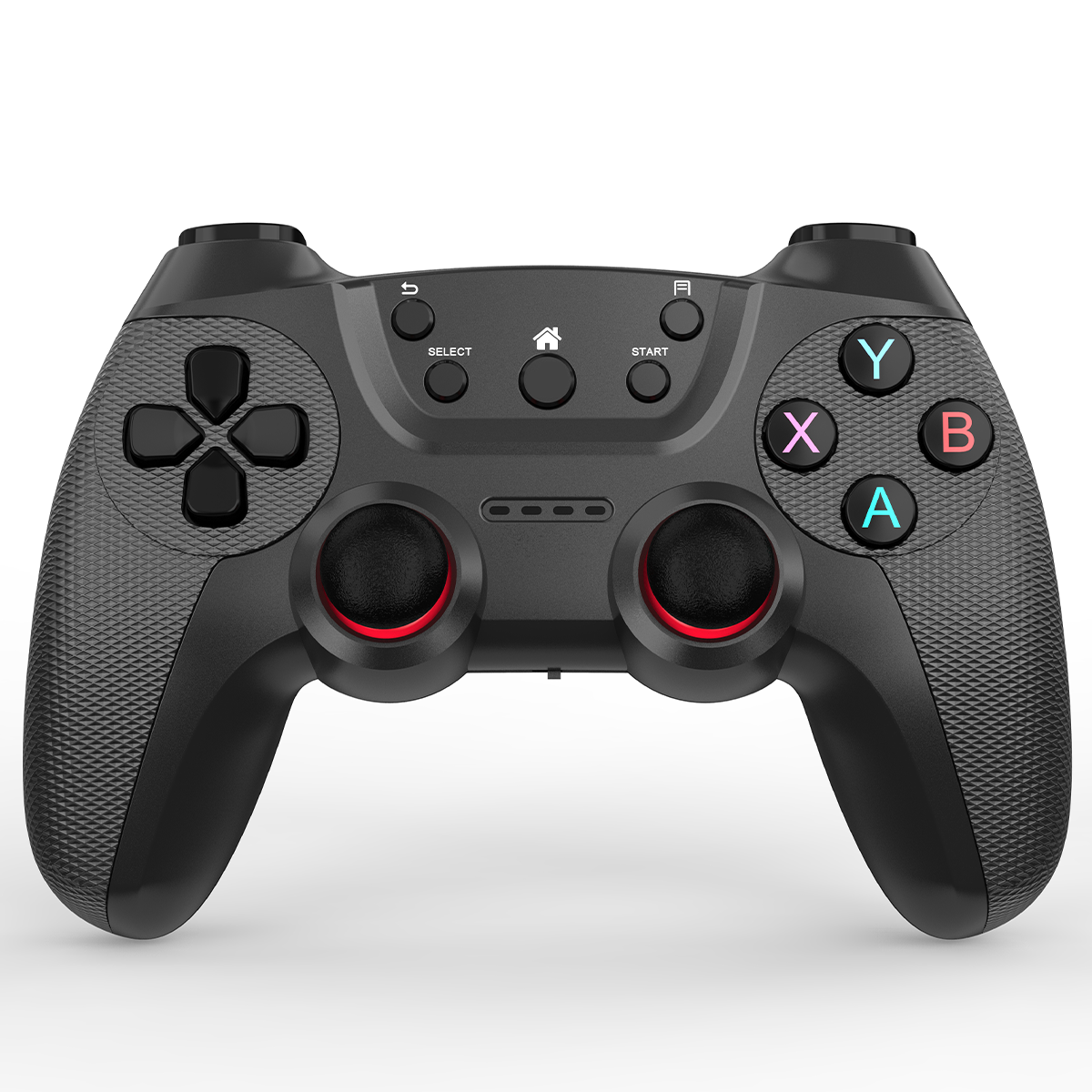 Schwarzes Gamepad mit roten Akzenten auf den Joysticks.