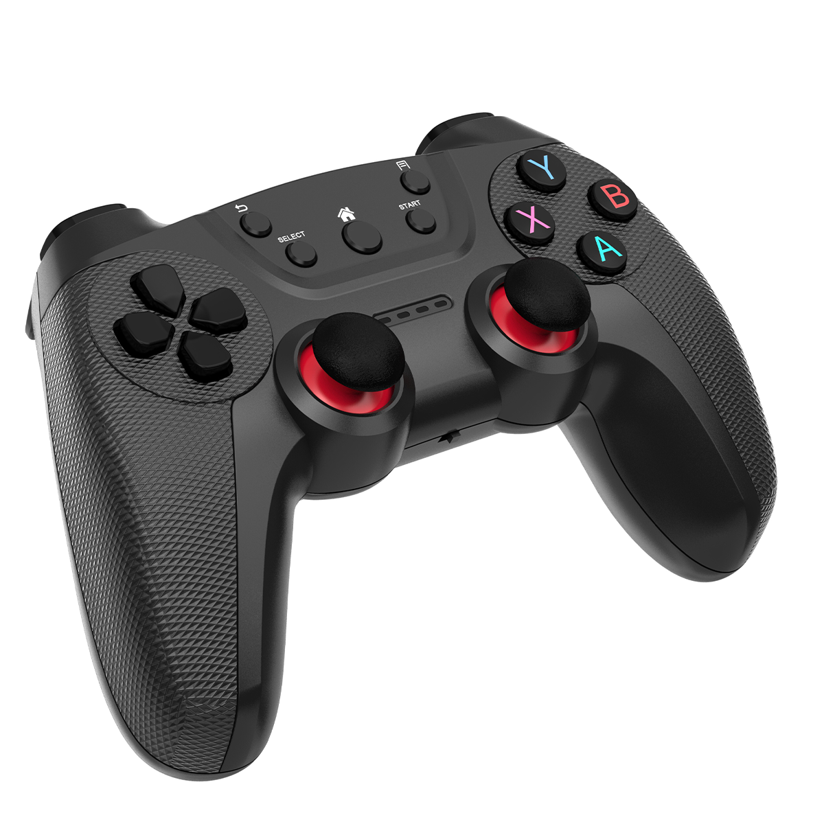 Schwarzes Gamepad mit roten und bunten Knöpfen, schräg auf weißem Hintergrund.