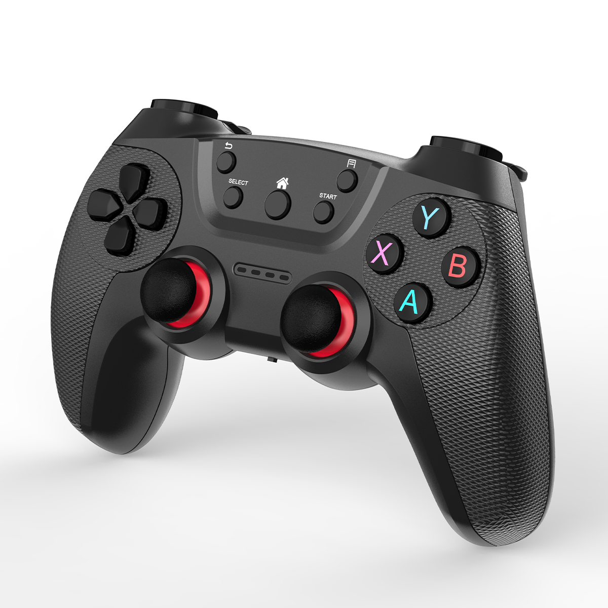 Schwarzer Gamecontroller mit farbigen Knöpfen. Rote Ringe umgeben die Analogsticks. Weißer Hintergrund.