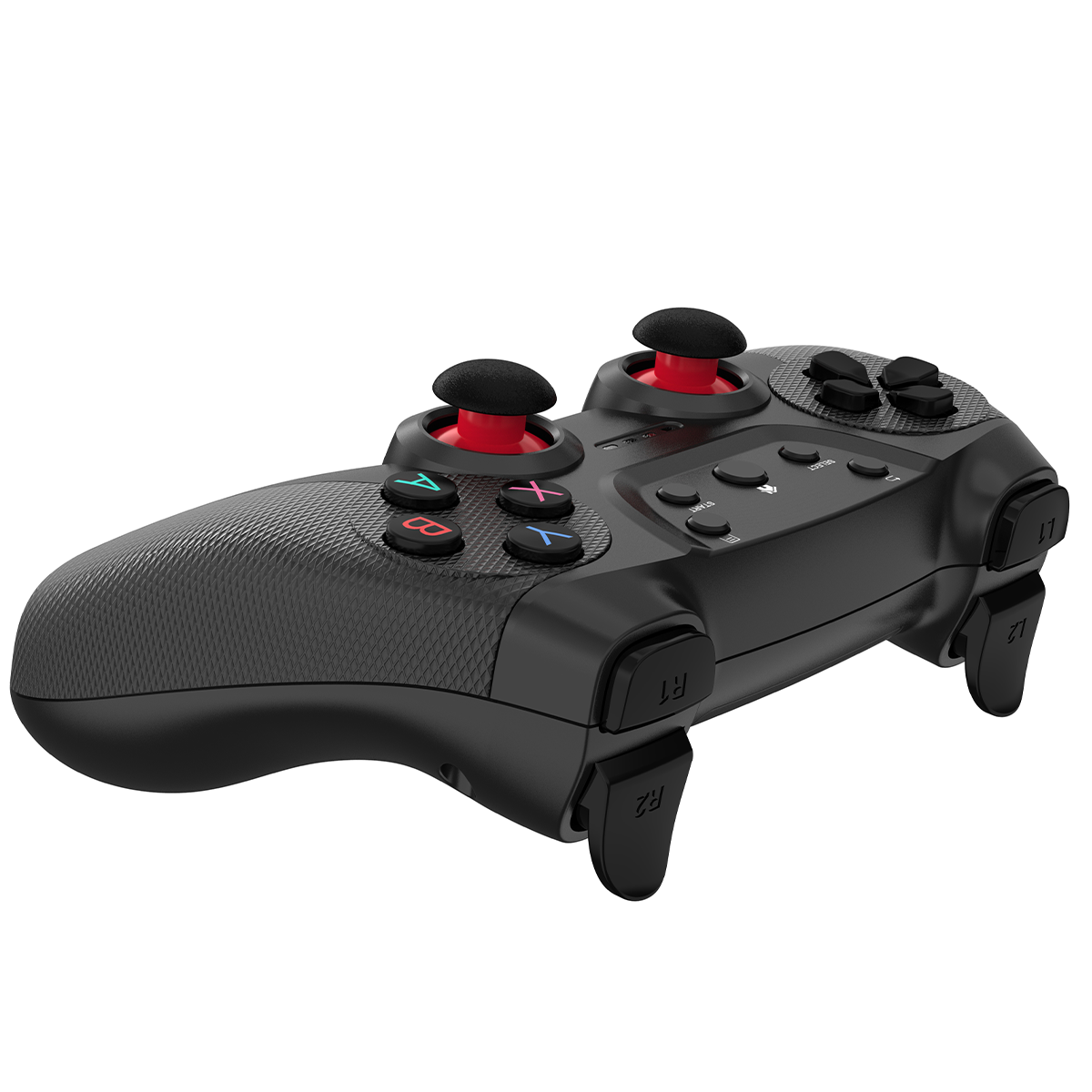 Schwarzes Gamepad mit roten und schwarzen Knöpfen und Steuerkreuz. Zwei Joysticks.