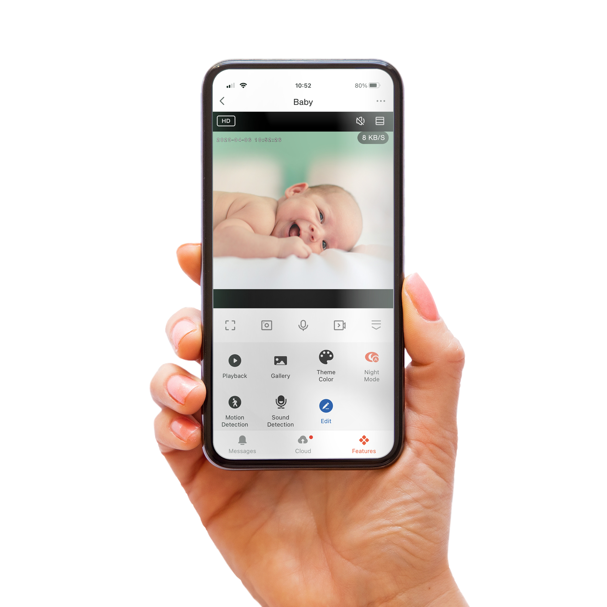 Eine Hand hält ein Smartphone, das eine Babyphone-App anzeigt. Weißer Hintergrund.