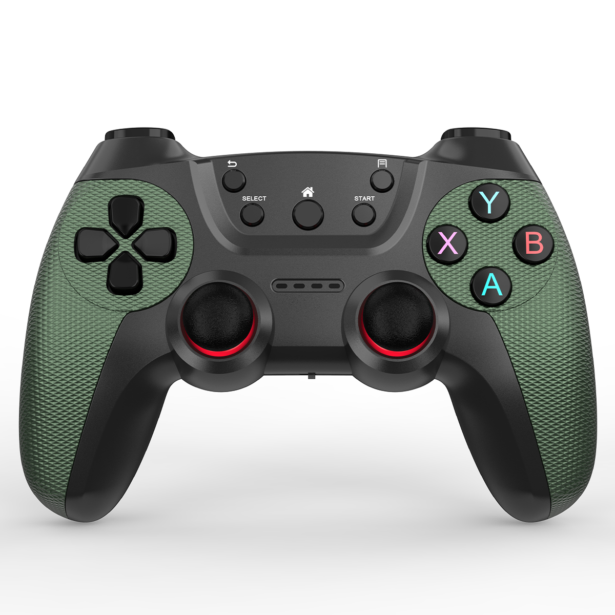 Schwarz-grüner Gamecontroller. Es hat farbige Knöpfe: X, Y, A, B.