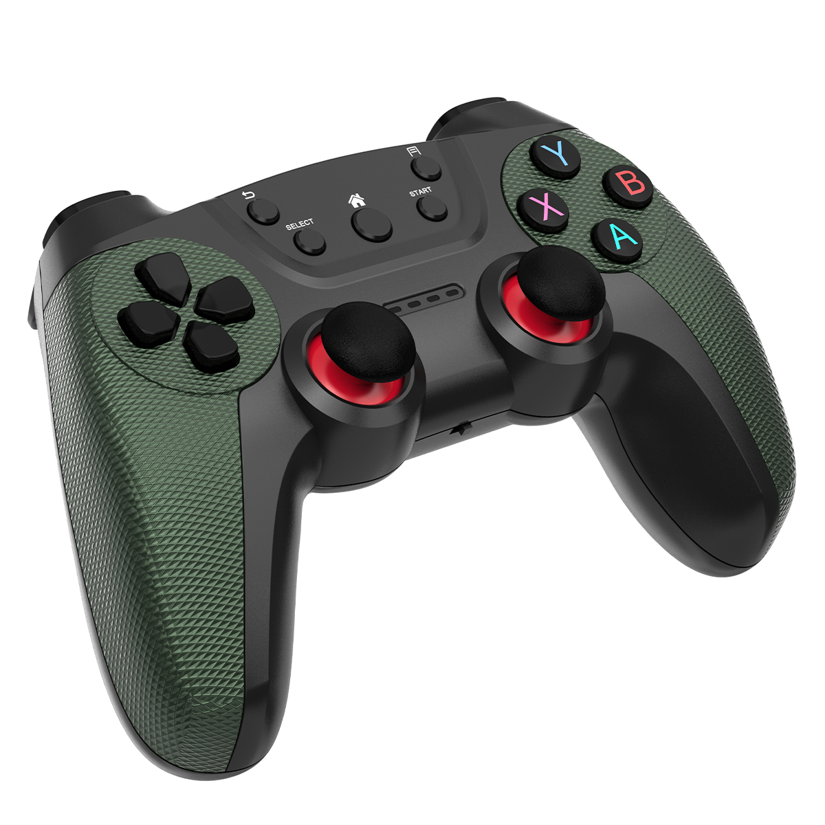 Schwarz-grüner Gamecontroller mit roten Knöpfen und Steuerkreuz.