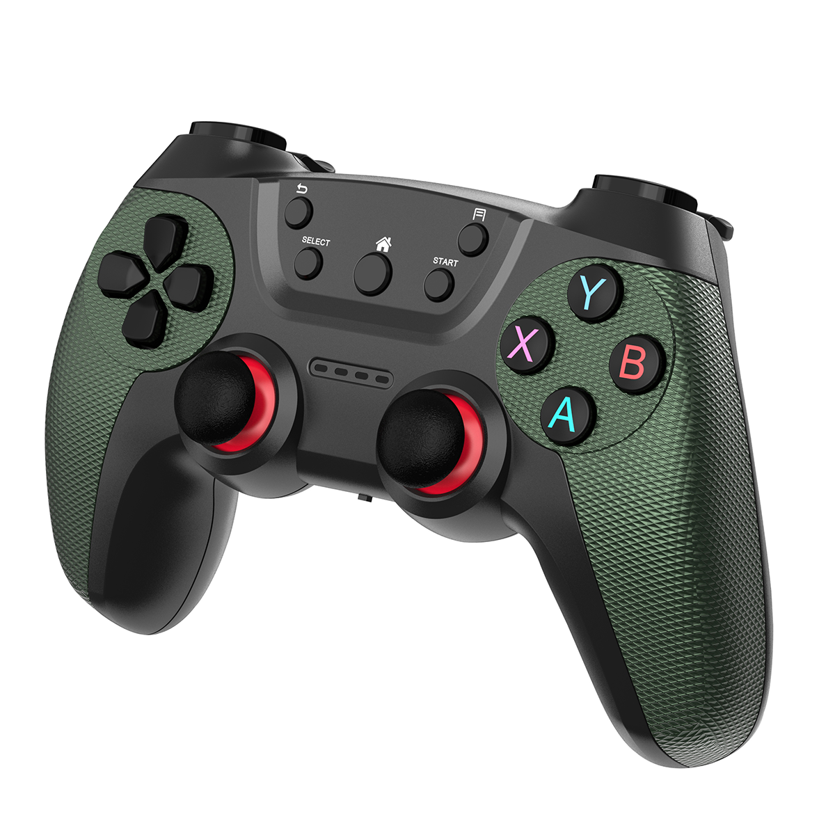 Schwarzes und grünes Gamepad mit Knöpfen. Rote Kreise um Joysticks. Weißer Hintergrund.
