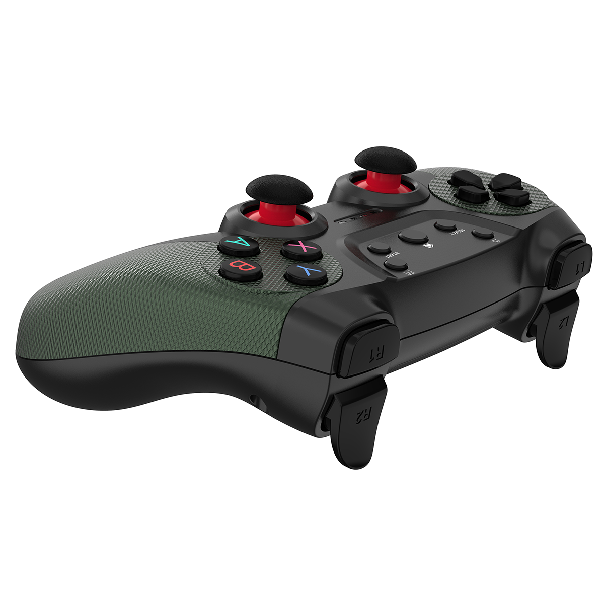 Schwarzer Gamecontroller mit schwarzen Knöpfen und roten Joysticks sowie grüner Grifftruktur.
