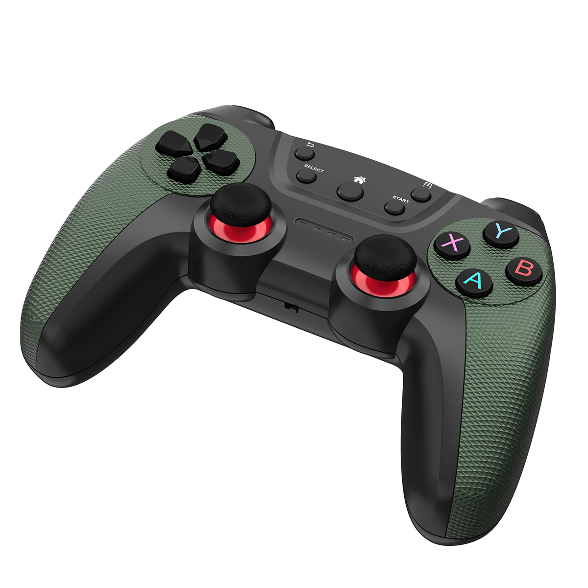 Ein schwarzes Gamepad mit grünen strukturierten Griffen und roten Joysticks und Knöpfen.