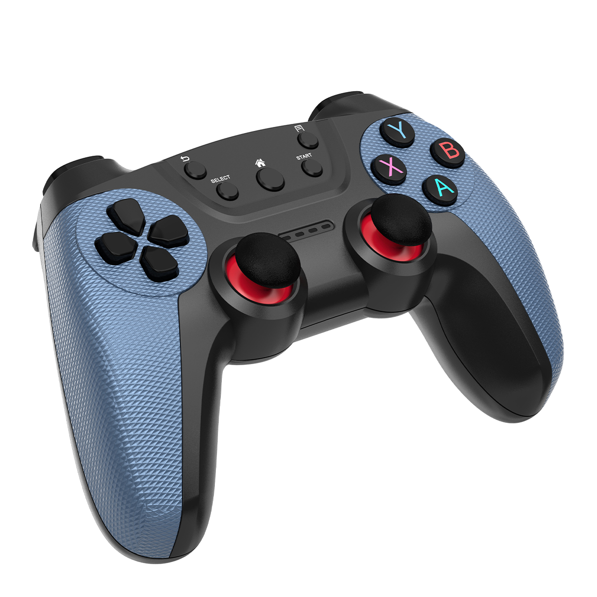 Blau-schwarzer Gamecontroller mit roten Knöpfen und Steuerkreuz. Weißer Hintergrund.