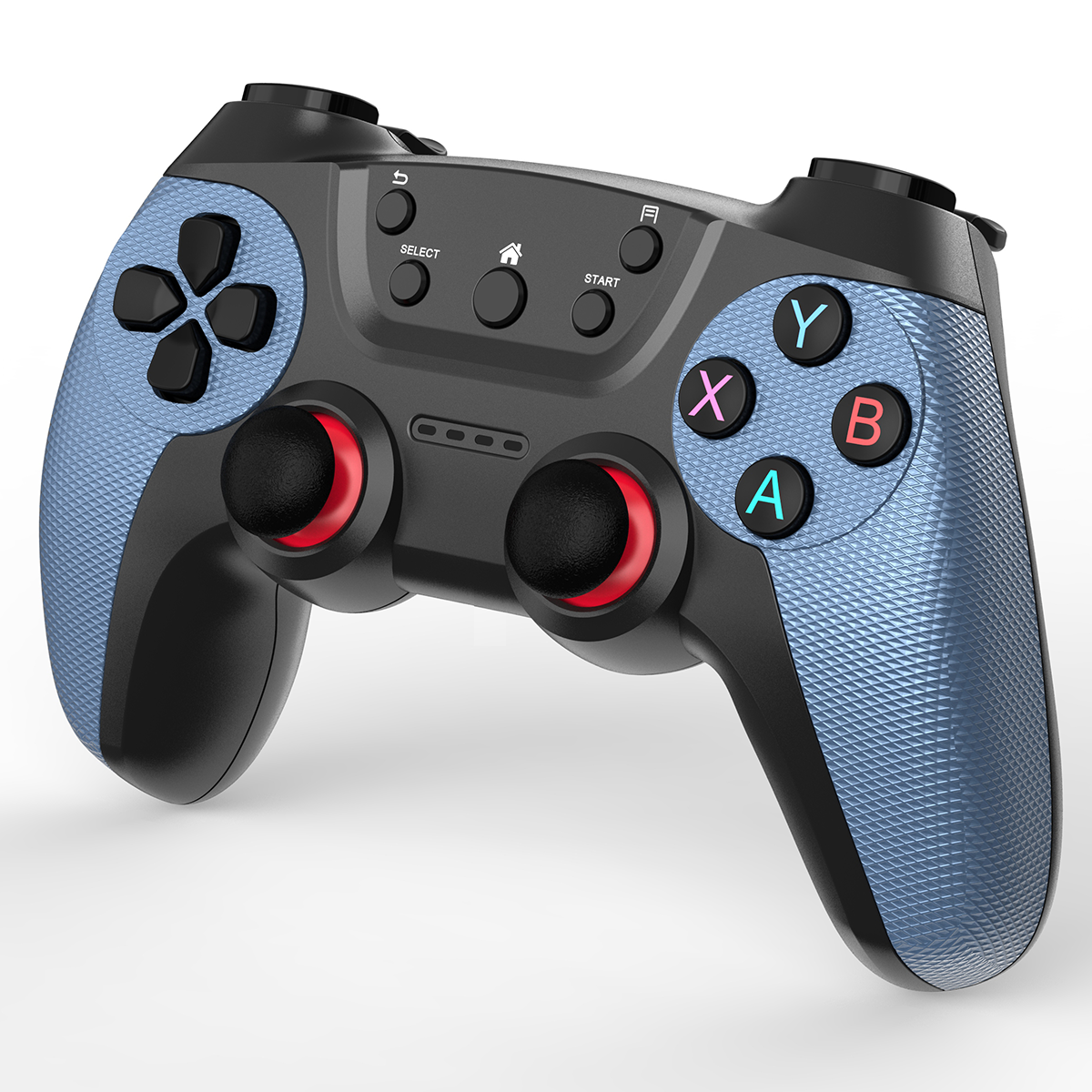 Ein blaues und schwarzes Gamepad mit Knöpfen und roten Joysticks auf weißem Grund.