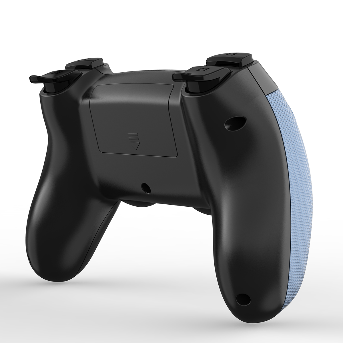 Schwarzer Gamecontroller mit blauen Akzenten. Die Rückseite des Controllers ist sichtbar.