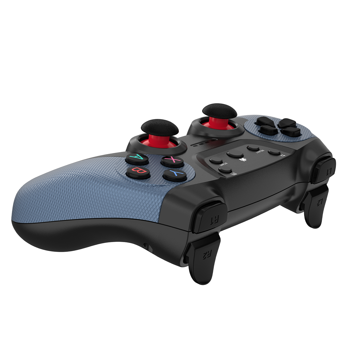 Ein schwarz-blauer Videospiel-Controller mit roten Knöpfen und zwei Joysticks.