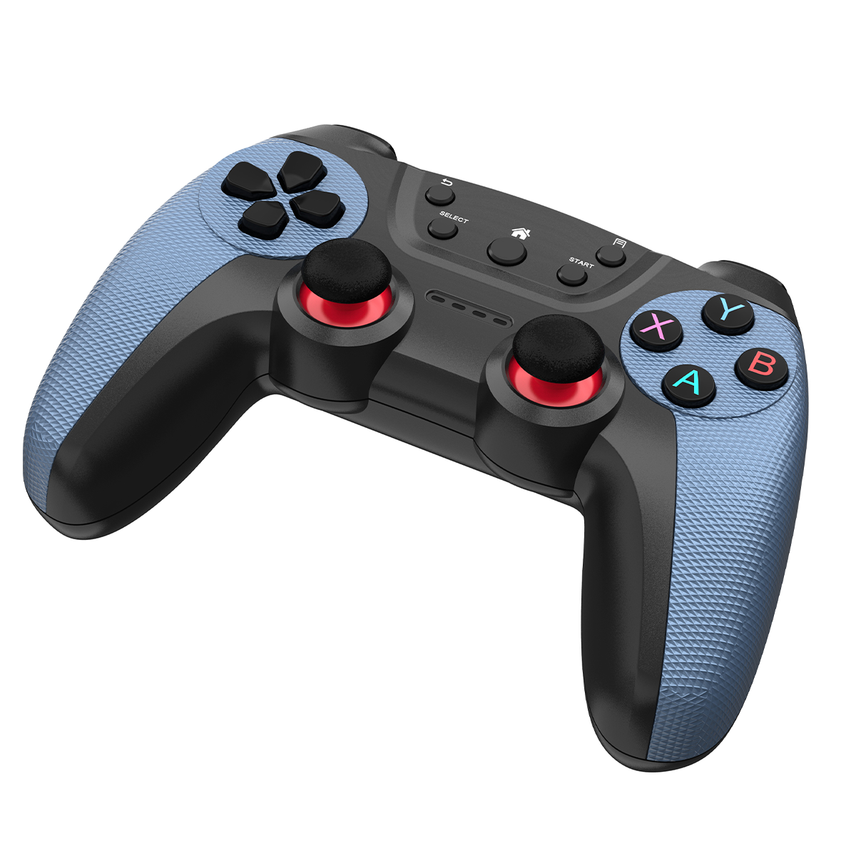Blau-schwarzer Gamecontroller mit schwarzen Knöpfen und roten Joysticks. Weißer Hintergrund.