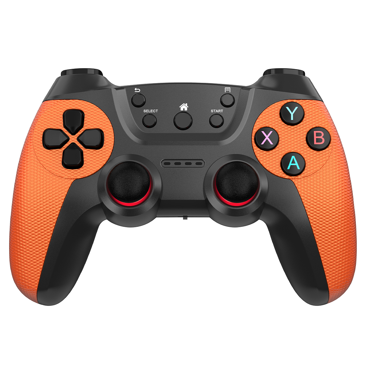 Orange-schwarzer Gamecontroller mit Knöpfen. Der Controller befindet sich auf weißem Hintergrund.