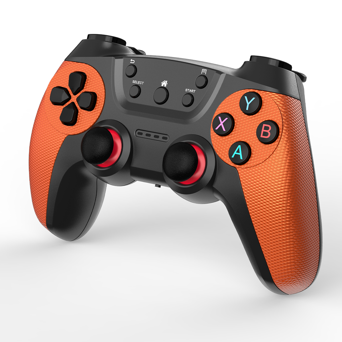 Orangener und schwarzer Gamecontroller mit Knöpfen. Rote Akzente auf den Joysticks. Weißer Hintergrund.