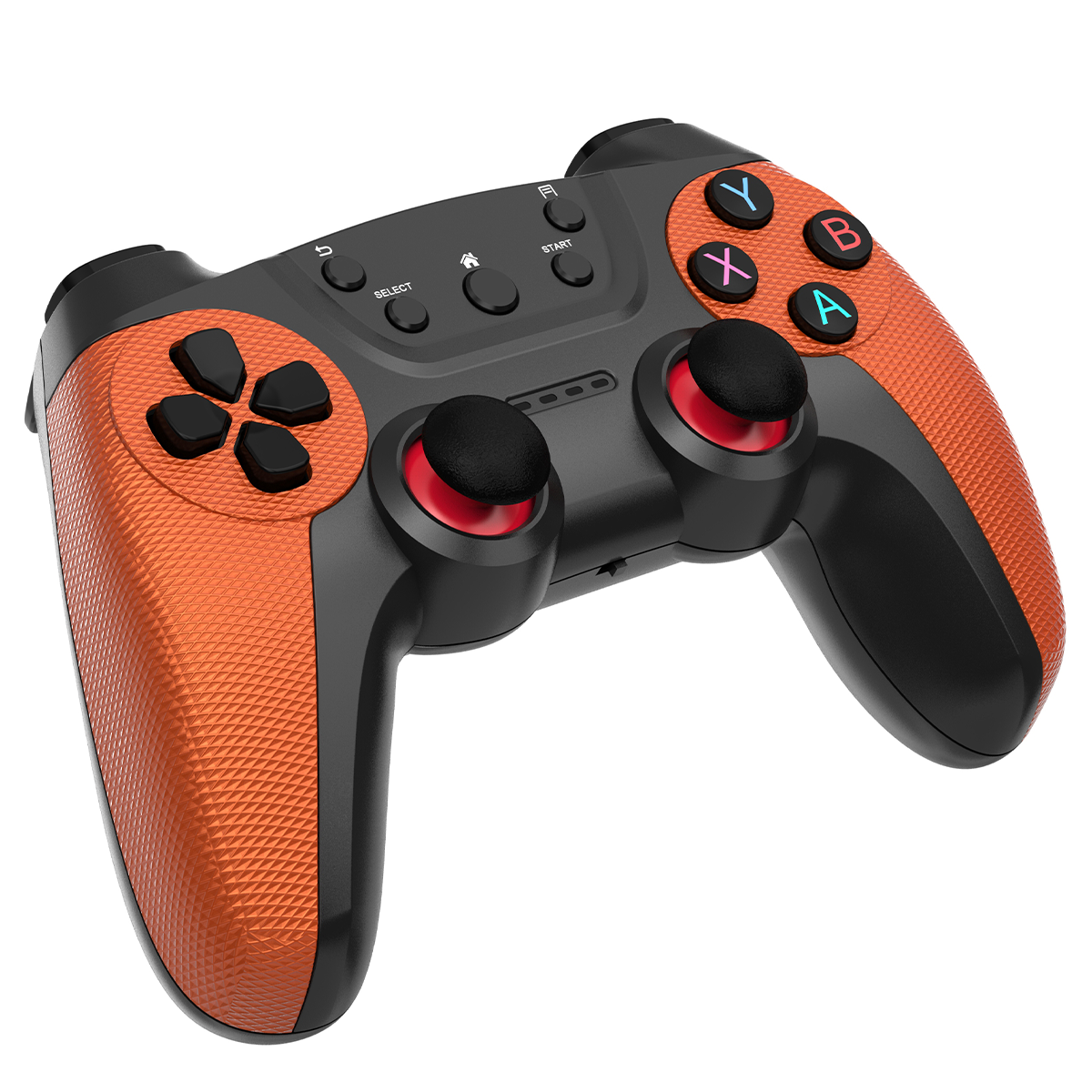 Orange-schwarzer Gamecontroller. Tasten sind Y, X, B, A, Start, Select und Richtungstasten.