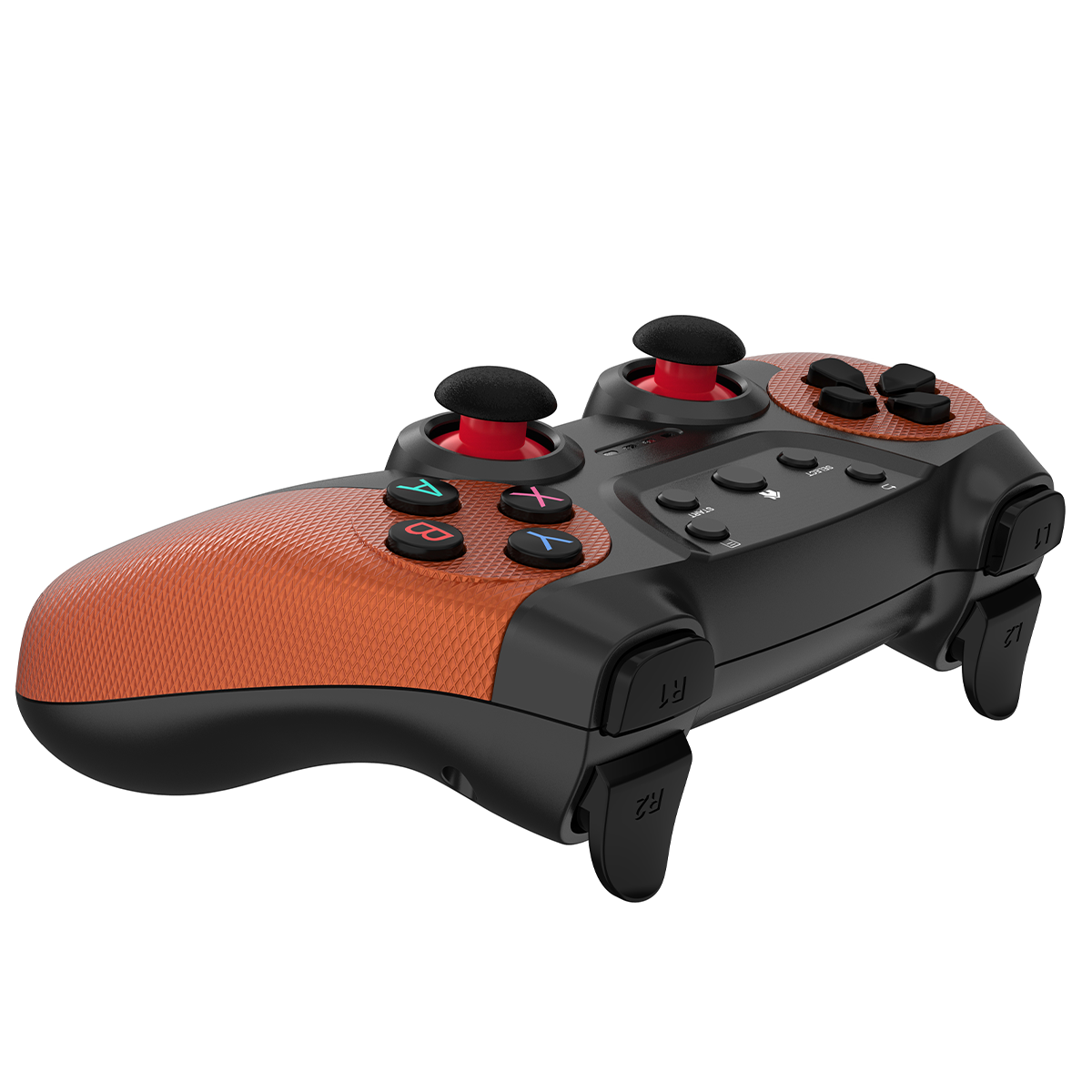 Ein schwarz-oranger Gamecontroller mit Knöpfen und Joysticks, von oben betrachtet.