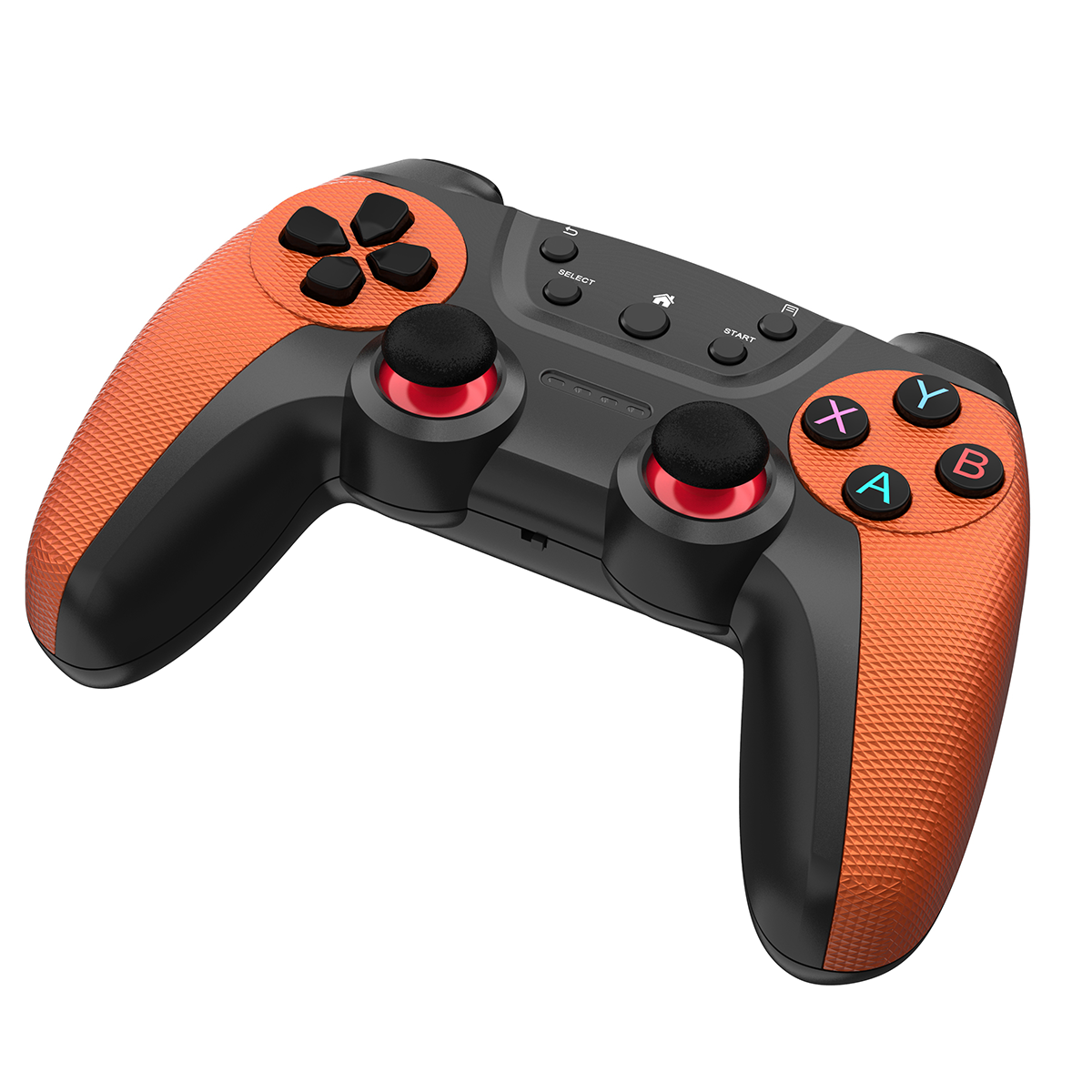 Orange-schwarzes Gamepad. Hat Knöpfe, zwei Joysticks und ein Steuerkreuz.