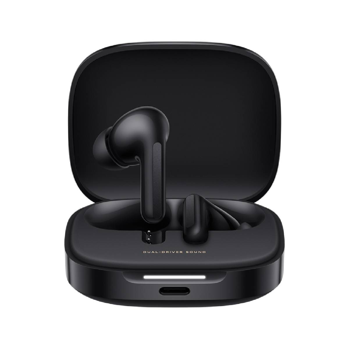 Zwarte draadloze oordopjes in een zwarte oplaadcase. Dual-driver sound staat op de case.