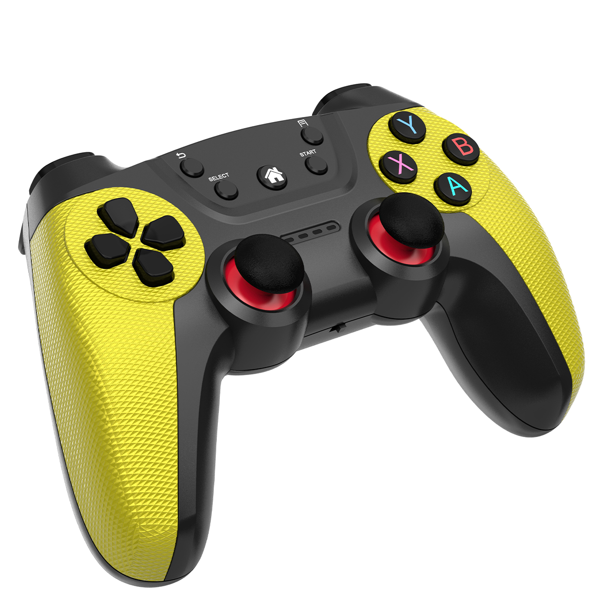 Gelb-schwarzer Spielcontroller mit Knöpfen.