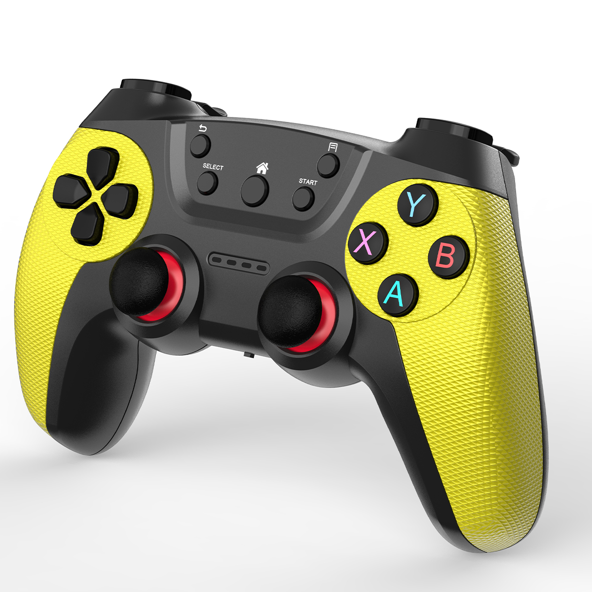 Ein schwarz-gelber Gamecontroller mit roten Knöpfen auf weißem Hintergrund.