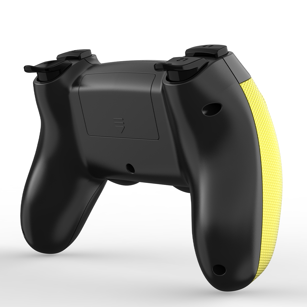 Schwarzer Gamecontroller mit gelben strukturierten Griffen.