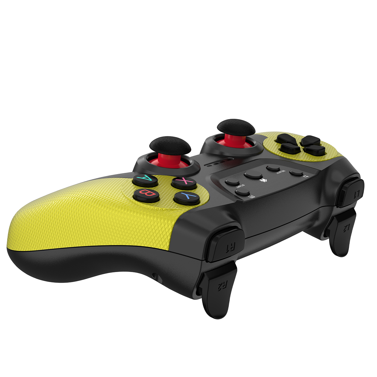 Ein schwarz-gelbes Gamepad mit mehreren Knöpfen und Joysticks, isoliert auf weißem Hintergrund.