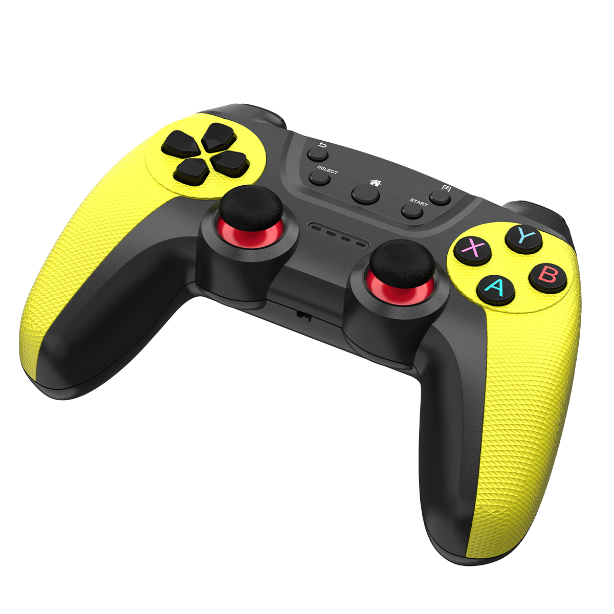 Ein gelb-schwarzer Gamecontroller. Die Knöpfe sind schwarz und die Joysticks rot. Der Hintergrund ist weiß.