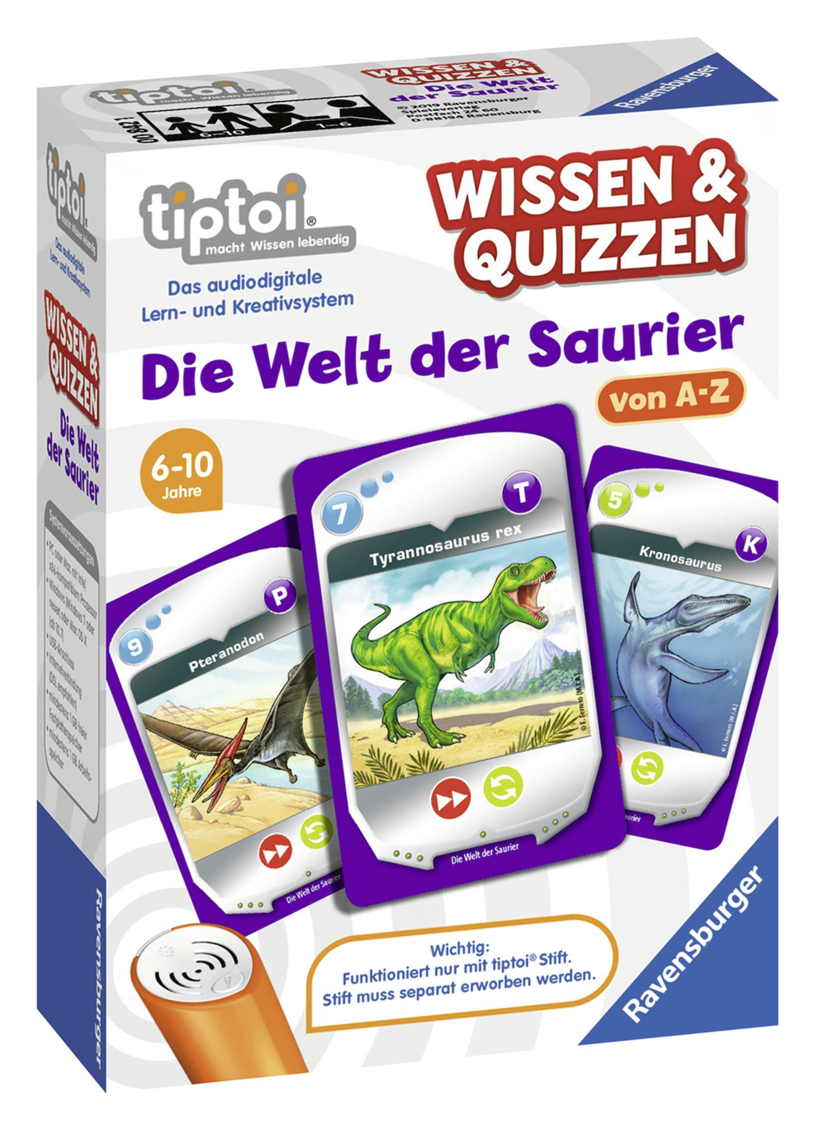 Eine Schachtel eines Dinosaurier-Quizspiels mit Karten, die Dinosaurier zeigen. Weißer Hintergrund.