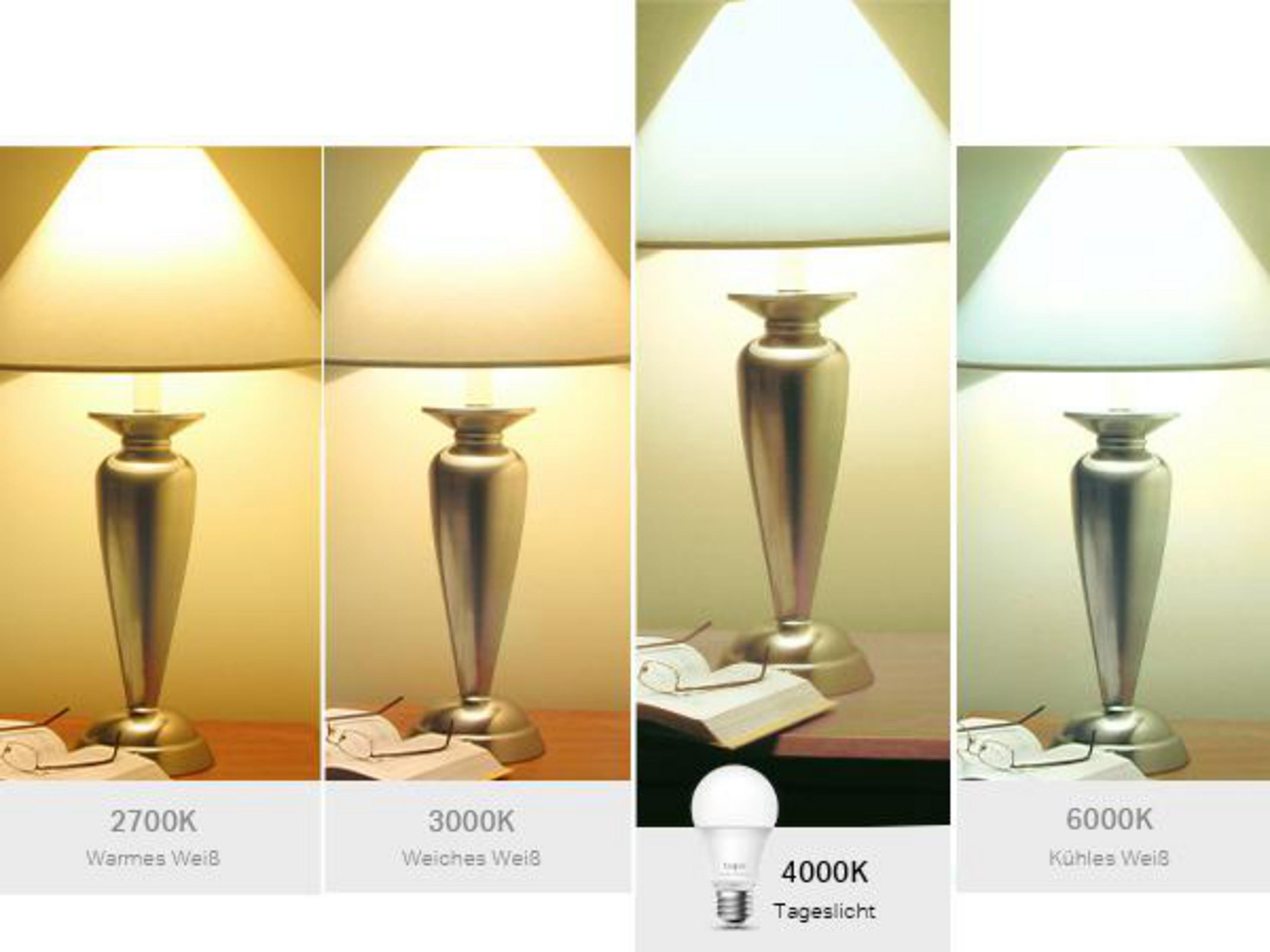 Quatre lampes avec différentes températures de lumière : 2700K, 3000K, 4000K et 6000K, fond blanc.