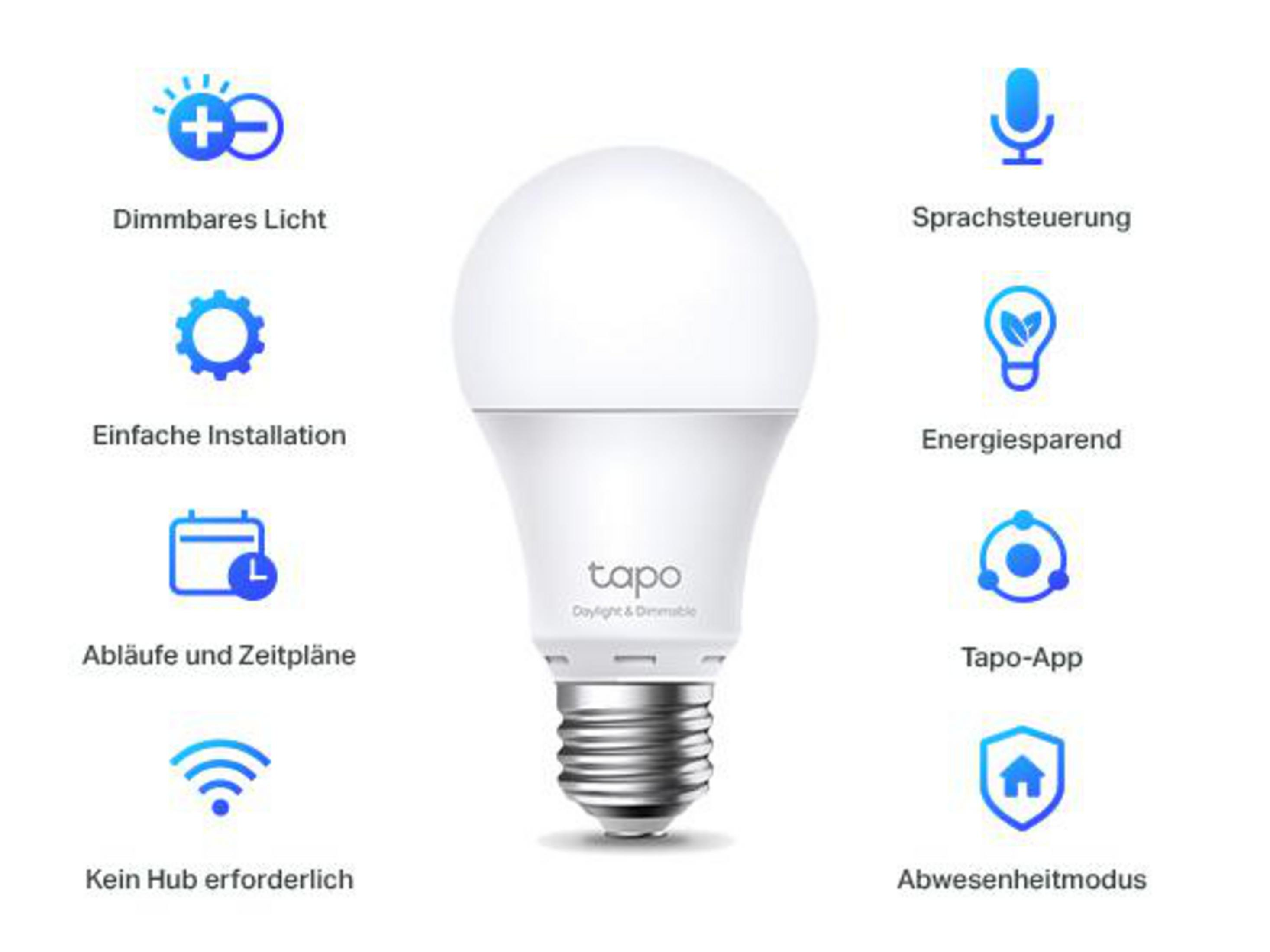 Une ampoule blanche et des icônes décrivant des fonctionnalités comme la lumière dimmable.