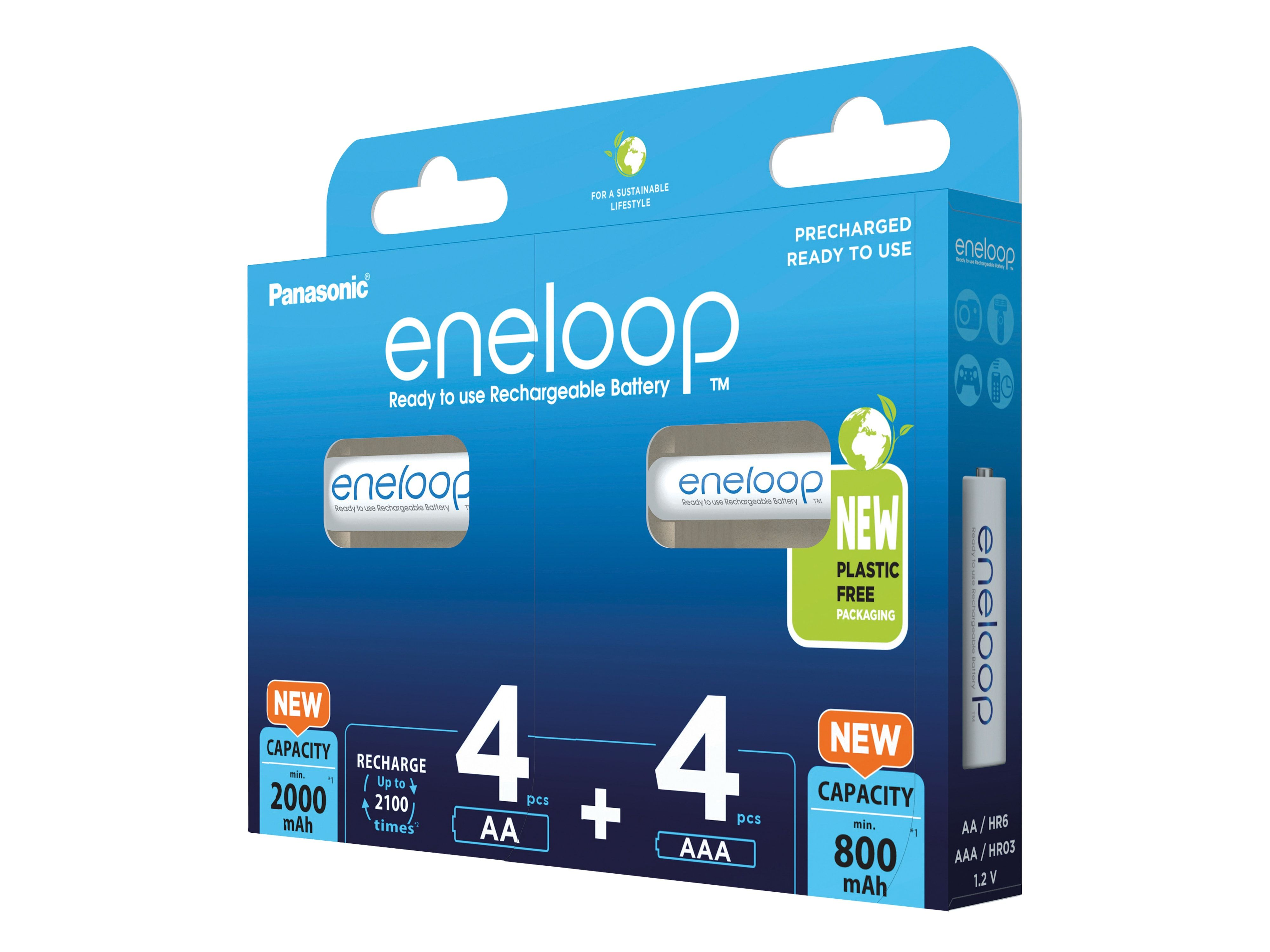 Packung mit wiederaufladbaren Panasonic eneloop Batterien. 4 AA und 4 AAA.