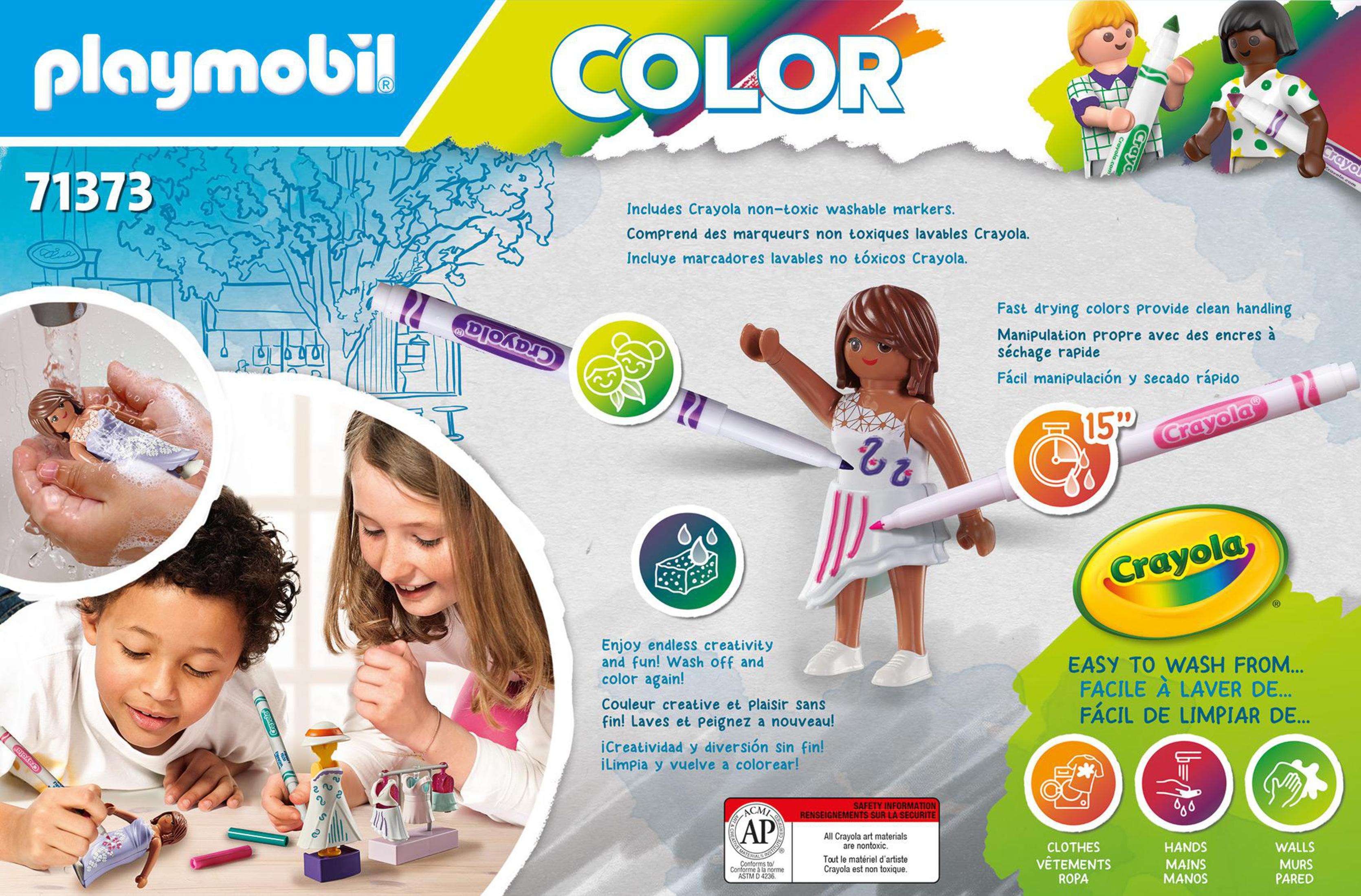 Eine Playmobil-Box mit Kindern, Markern und einem Crayola-Thema, die Malaktivitäten zeigt.