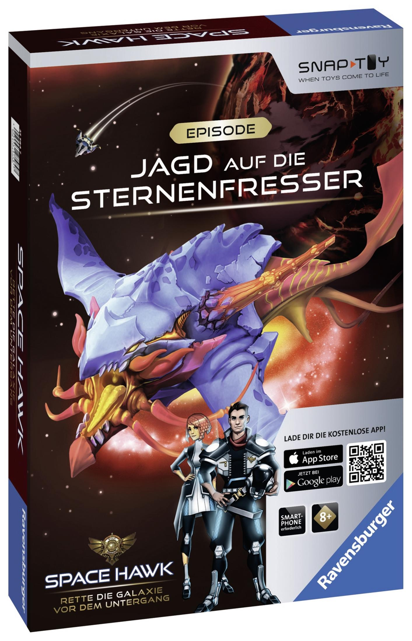 Space Hawk Spielbox mit Charakteren und einer Weltraumkampfszene. Weißer Hintergrund.