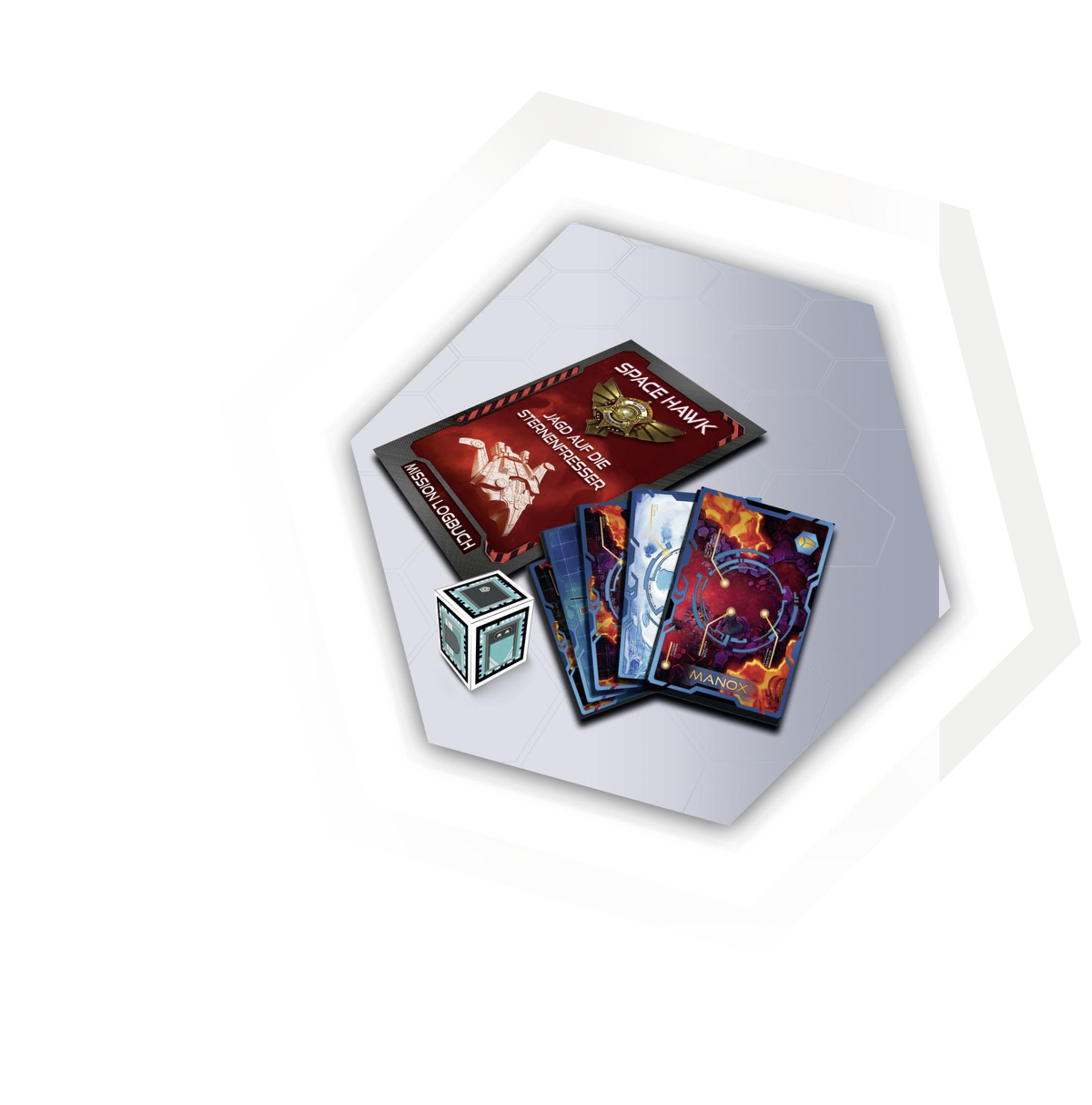 Brettspiel-Set mit Karten und einem Würfel. Text auf der Box und den Karten auf Deutsch.