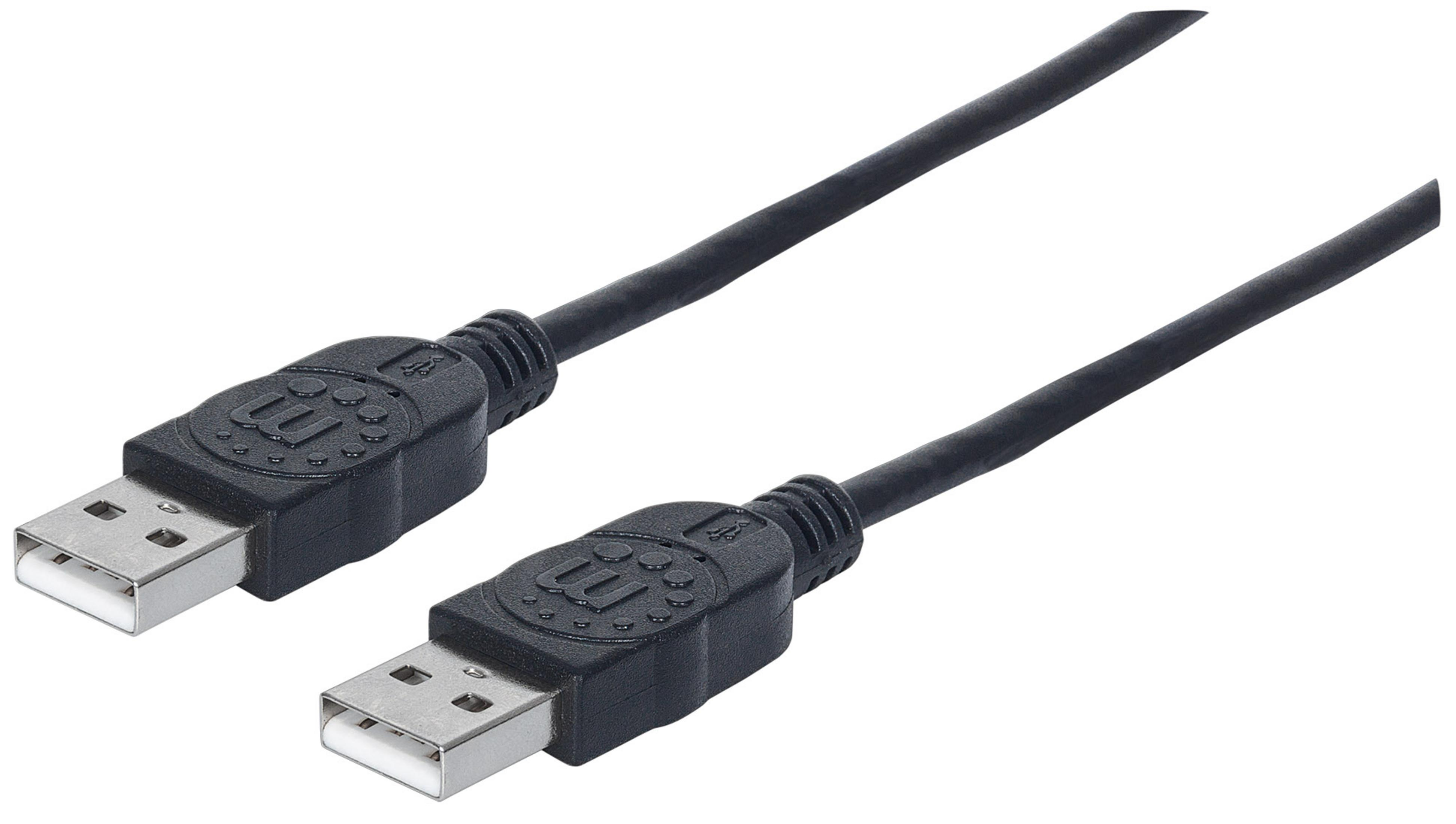 Schwarzes USB-Kabel mit zwei Anschlüssen, schräge Ansicht auf weißem Hintergrund.