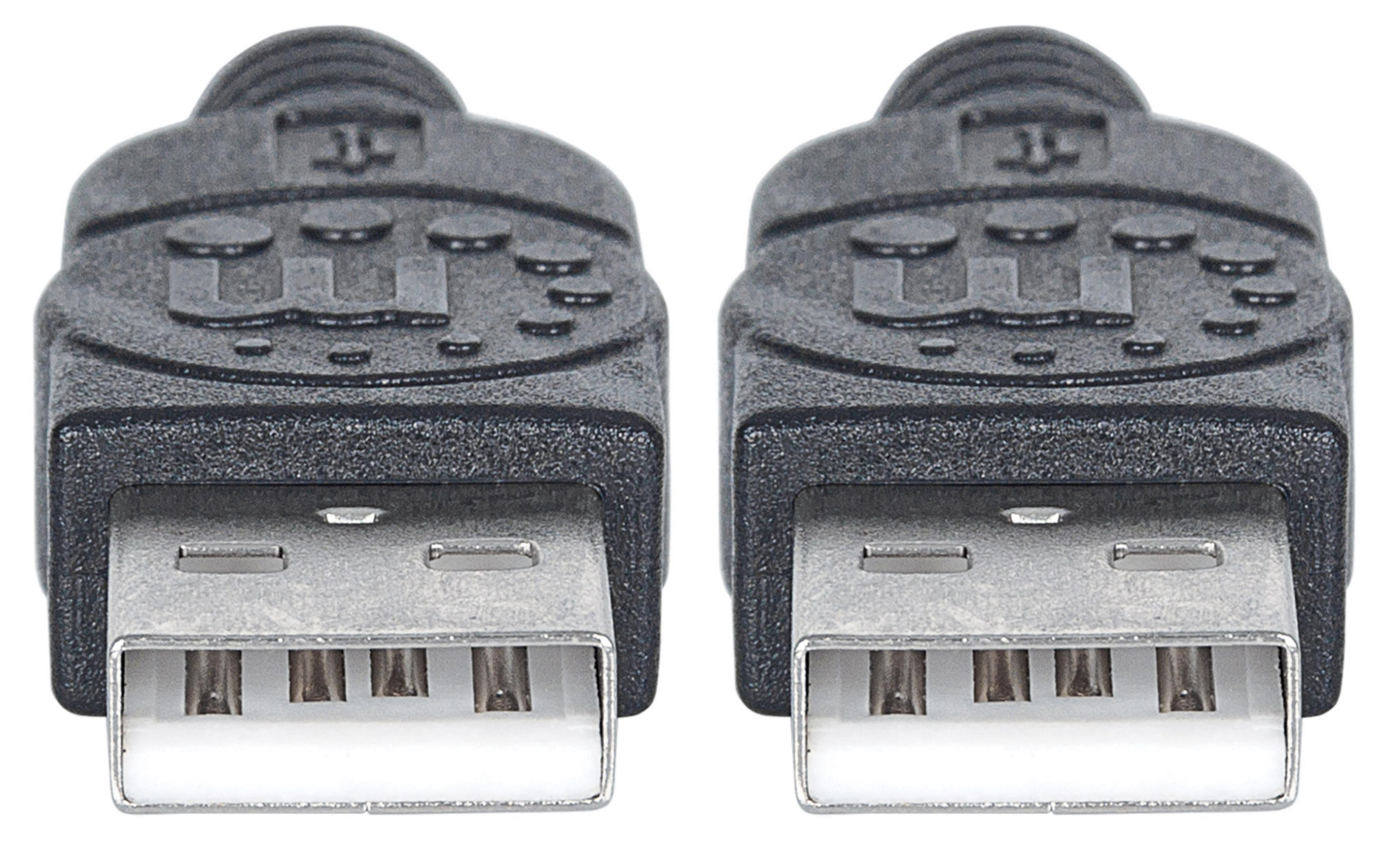 Zwei schwarze USB-Anschlüsse, Nahaufnahme, mit silbernen Steckern.