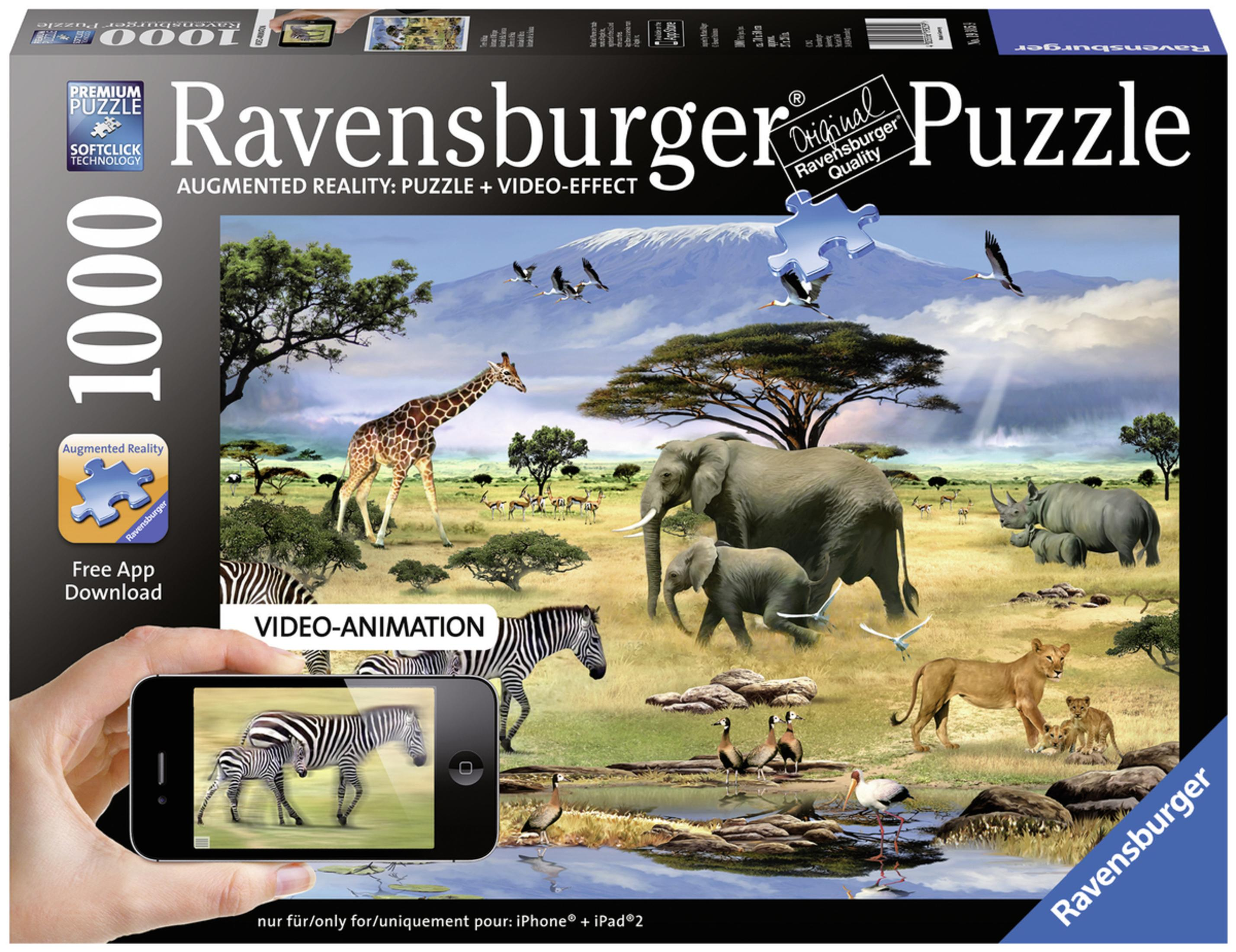 Ravensburger Puzzle-Box mit einem Bild von afrikanischen Wildtieren und einem Smartphone.