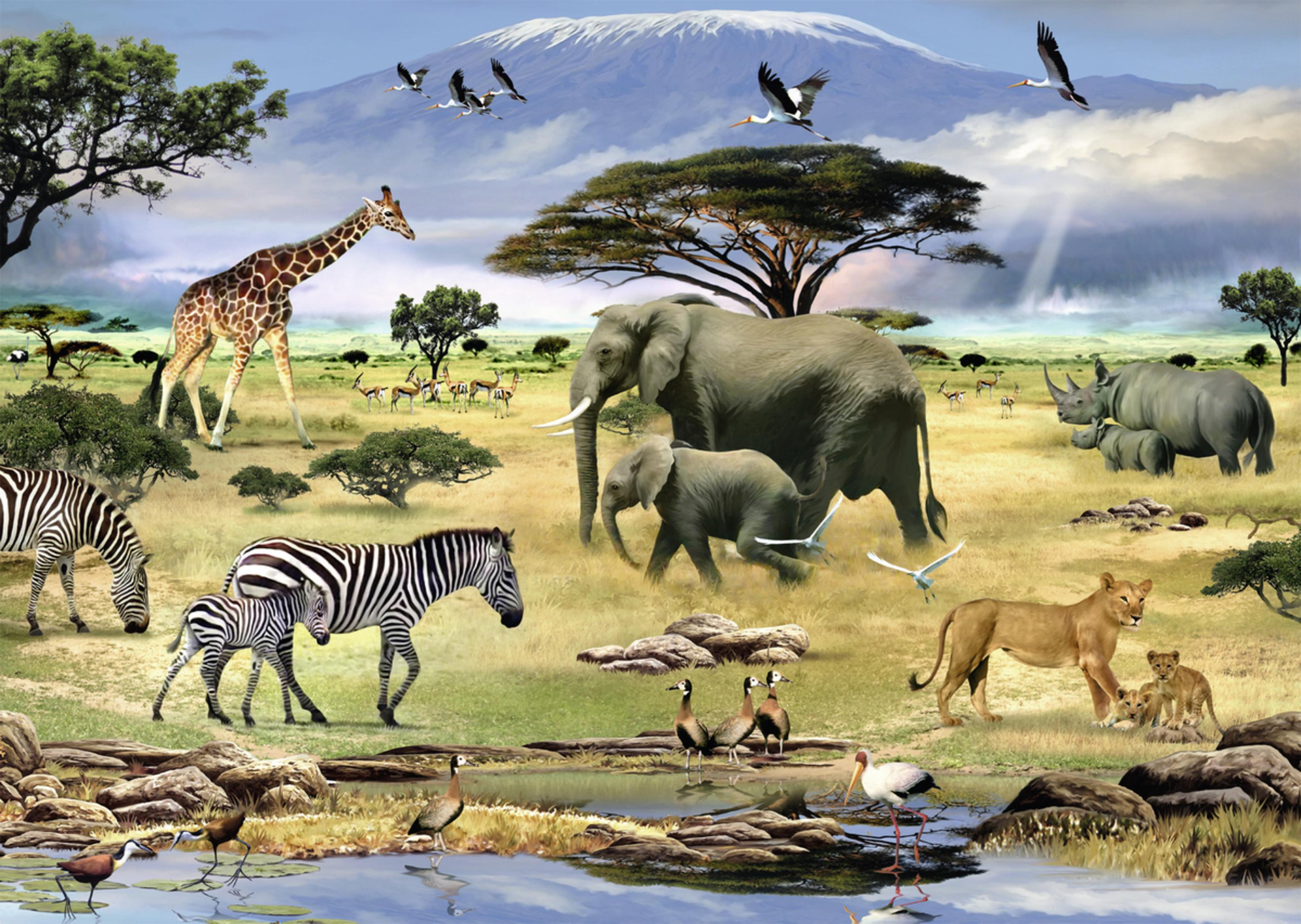 Afrikanische Savannenlandschaft: Giraffe, Zebras, Elefanten, Löwen und Vögel.
