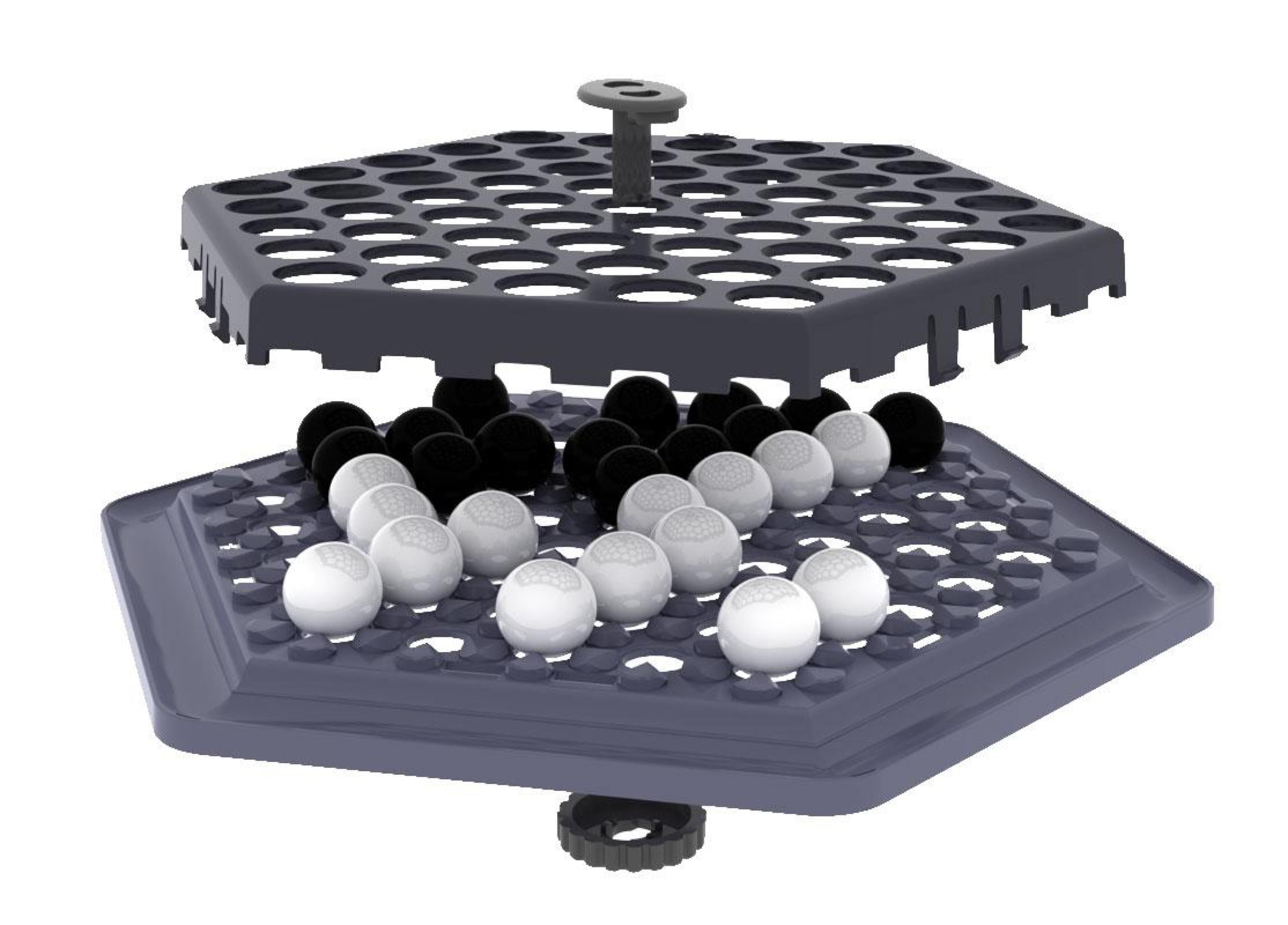 Ein Brettspiel mit weißen und schwarzen Spielsteinen auf einem grauen Spielbrett.