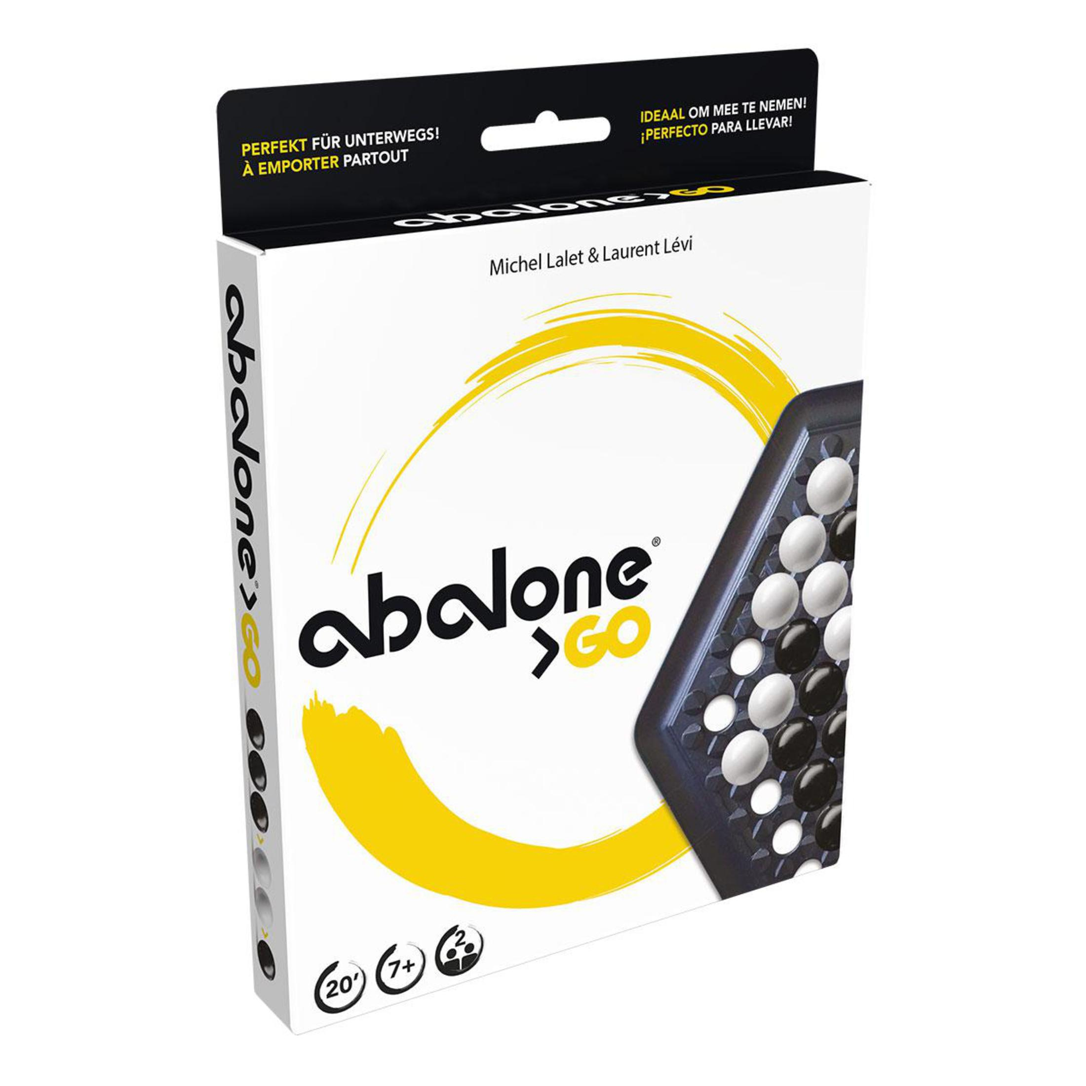 Abalone Go Brettspielbox, weiß und schwarz. Die Box hat Text und ein gelbes Design. Brettspielteile werden gezeigt.