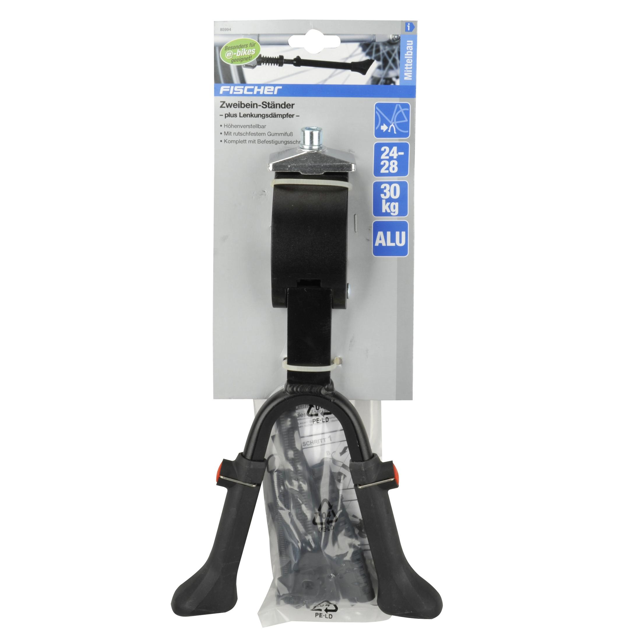 Fahrrad-Seitenständer in der Verpackung. Schwarze und silberne Teile sind sichtbar.